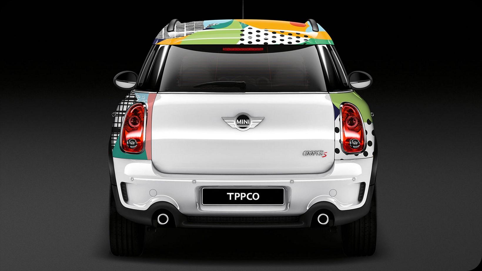 The rear of the wrapped Mini, with the pattern across the roof and TPPCO plates