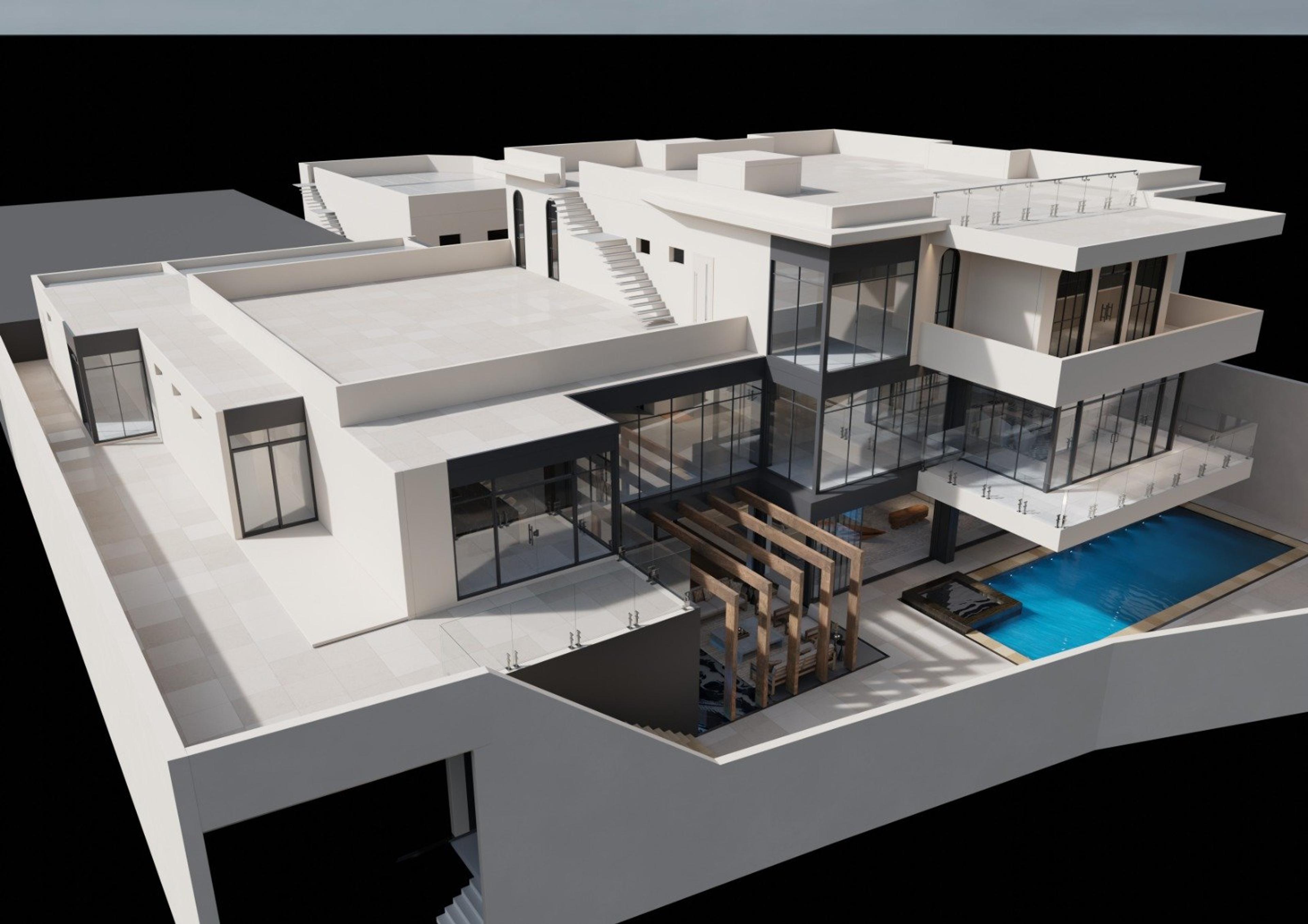 Aerial view of the rear courtyard and pool