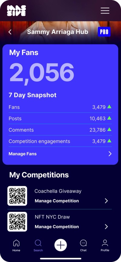 Massive app: the Fan Pro dashboard with fans, posts and competitions