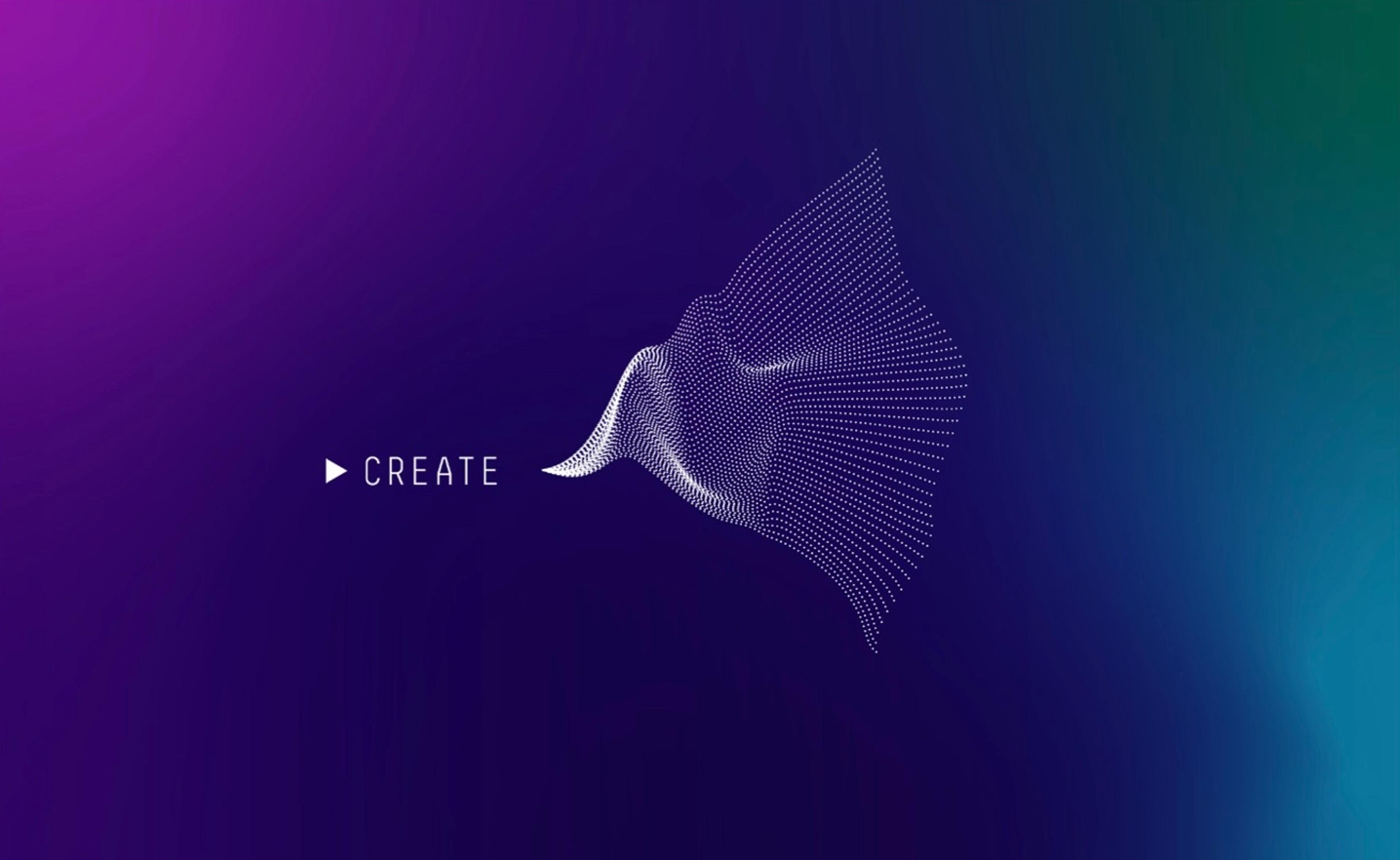 Storyboard frame 1: a wave of white particles beside the word Create