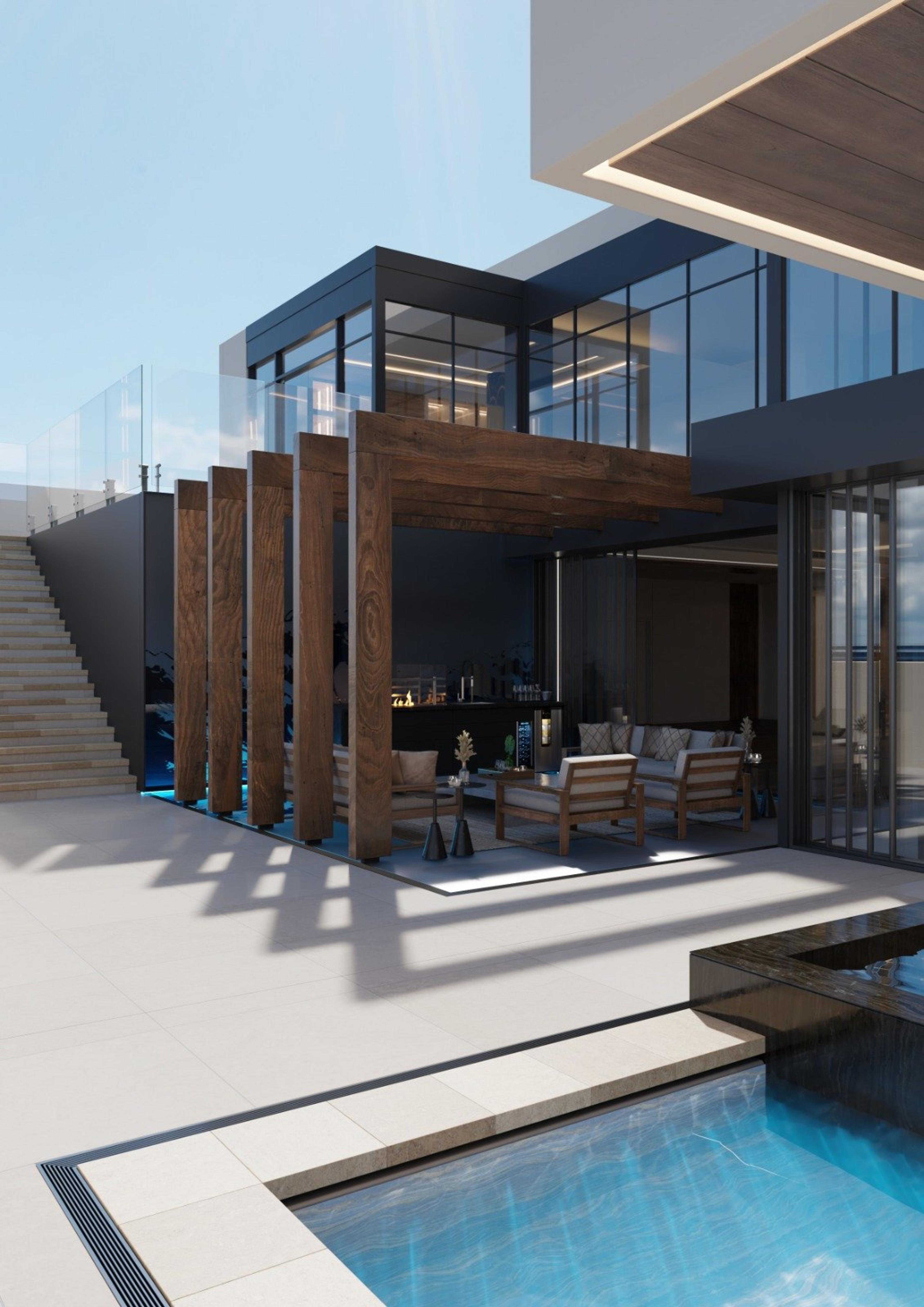 Pool terrace under a timber pergola