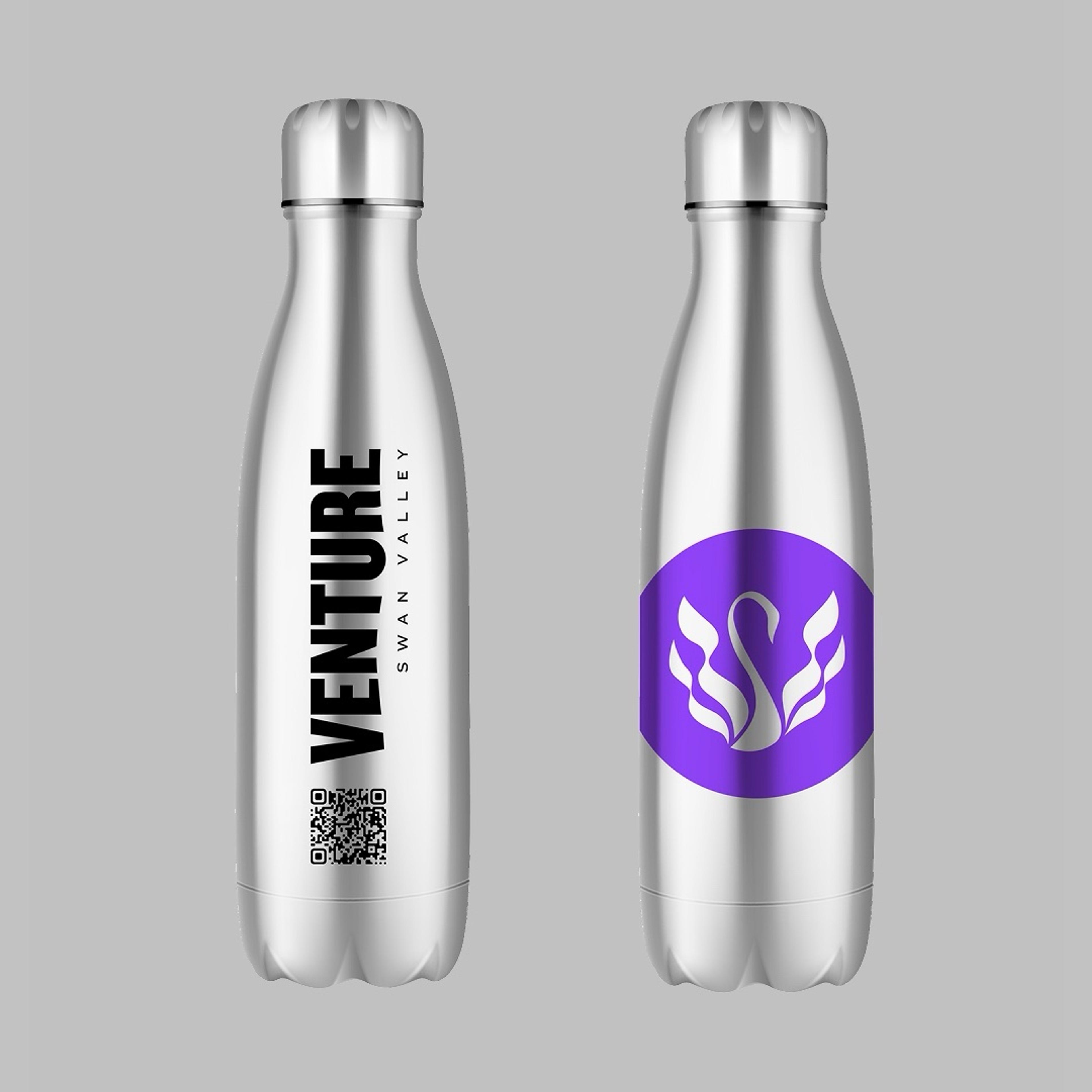 Two steel Venture drink bottles, one with the vertical logotype, one with the swan in a purple circle