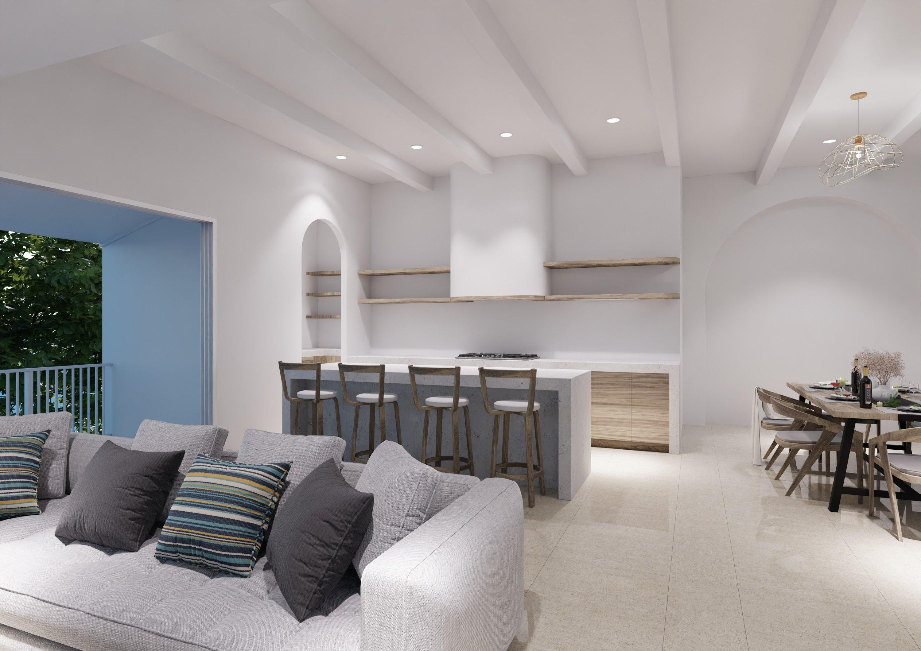 Open-plan living room and kitchen with an arched alcove
