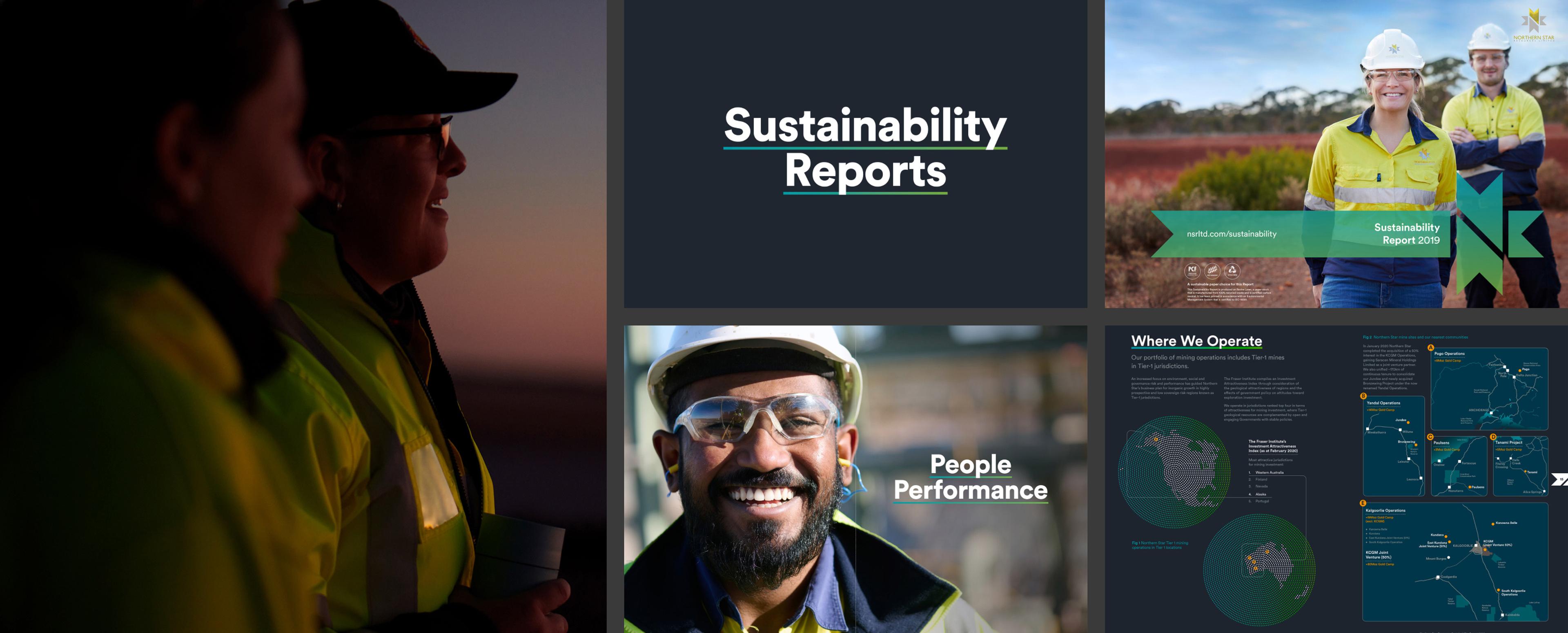 Sustainability Reports key visual: a dawn portrait of two workers, the 2019 cover, a People Performance opener and the Where We Operate map spread