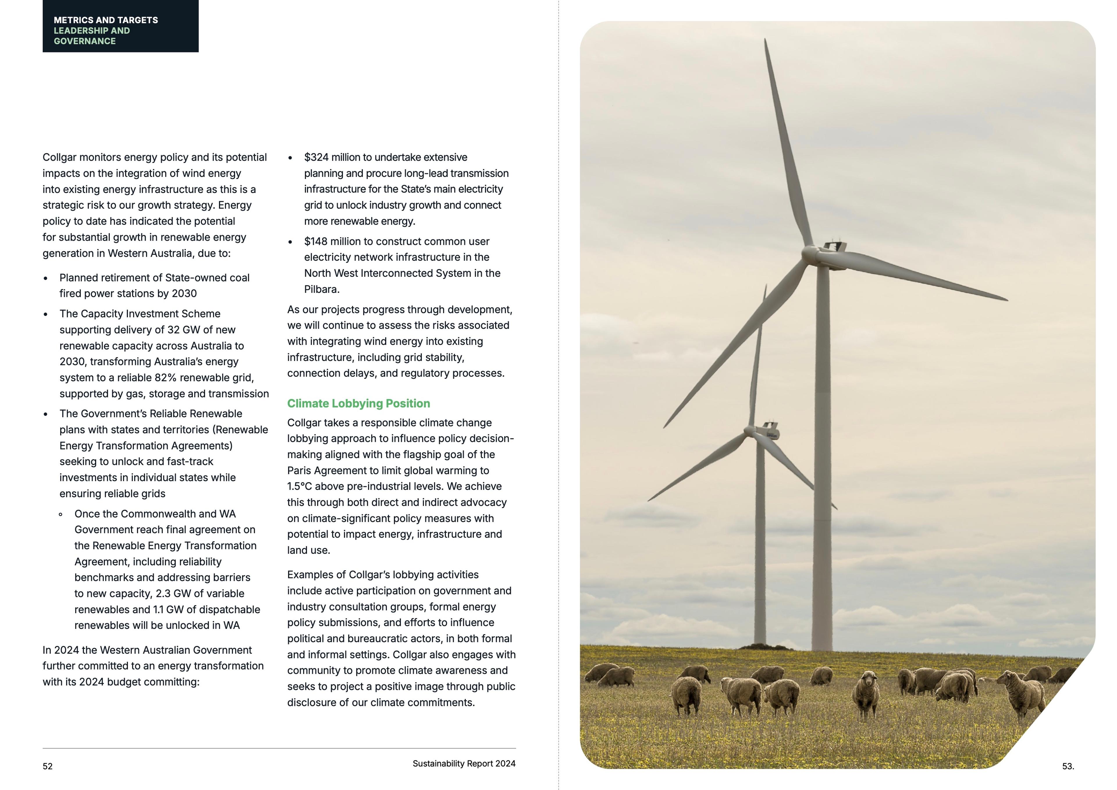 Leadership and Governance spread with sheep grazing beneath two turbines