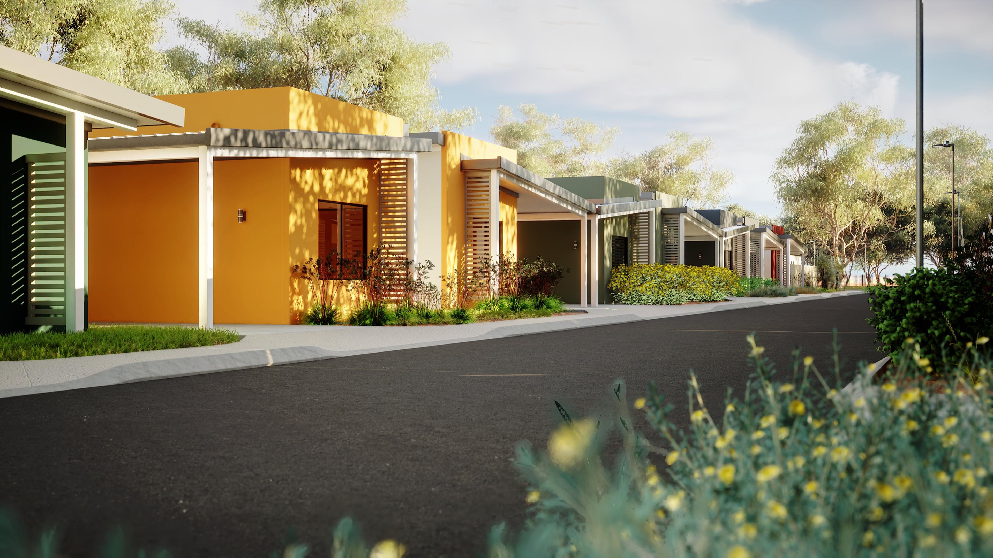 Ochre homes with timber screens along a residential street