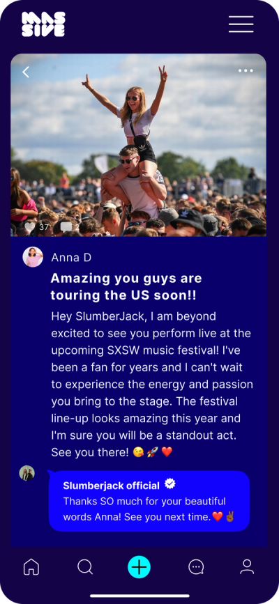 Massive app: a fan’s post from a festival with the artist’s reply