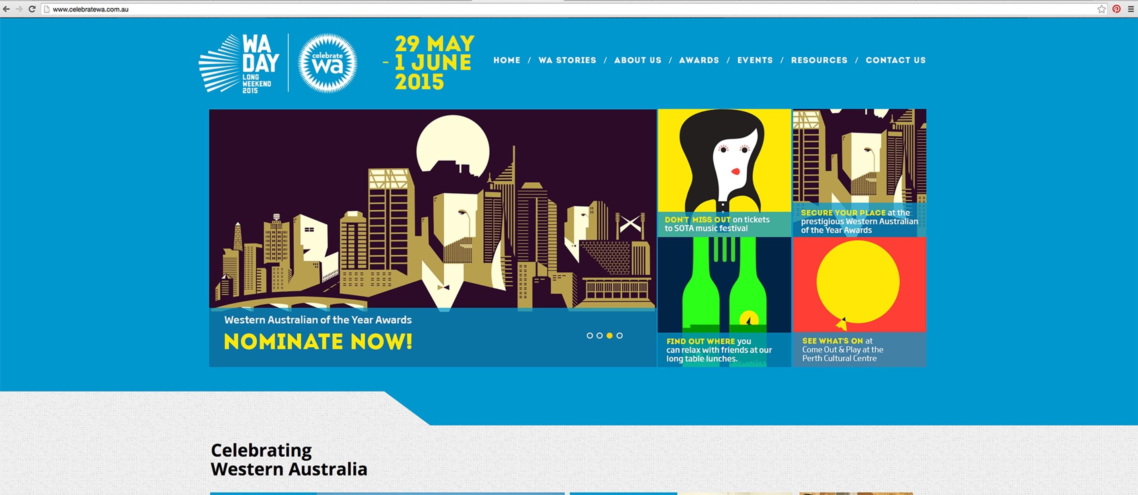 The Celebrate WA website homepage slider with the Western Australian of the Year artwork and Nominate now