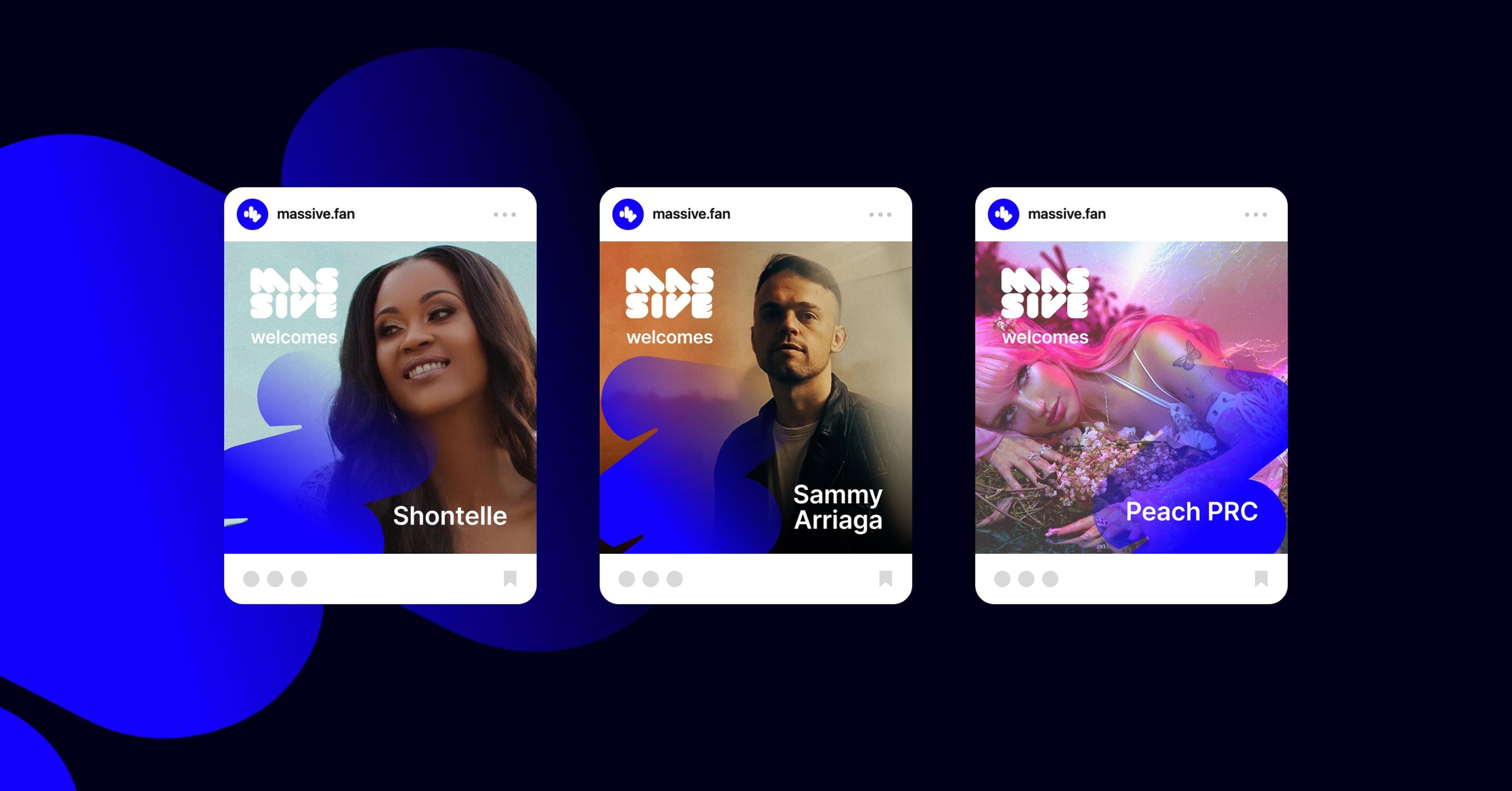 Three massive.fan Instagram posts welcoming Shontelle, Sammy Arriaga and Peach PRC, on a navy and blue background