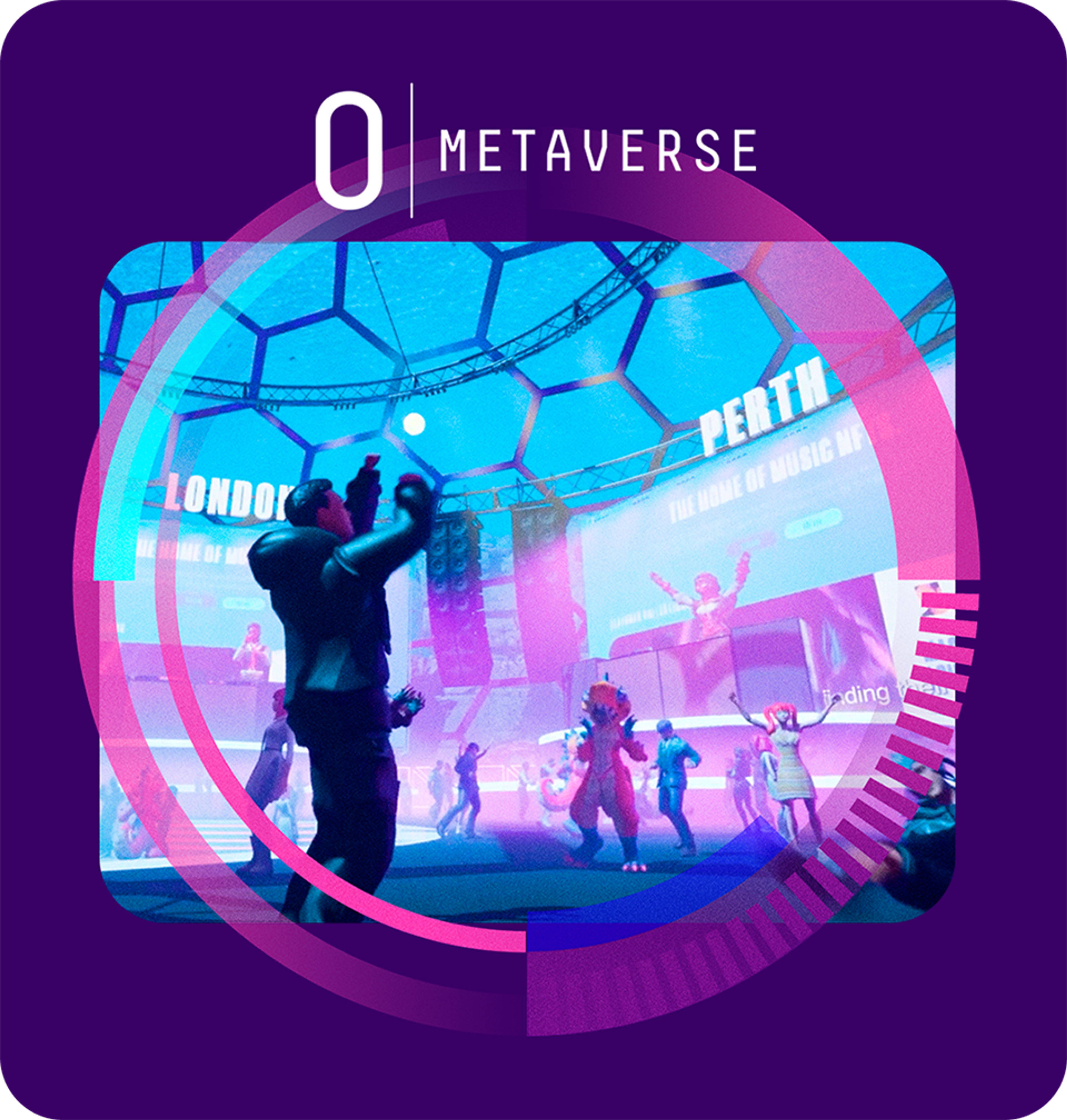 O Metaverse: a performer on a virtual stage with Perth and London signs