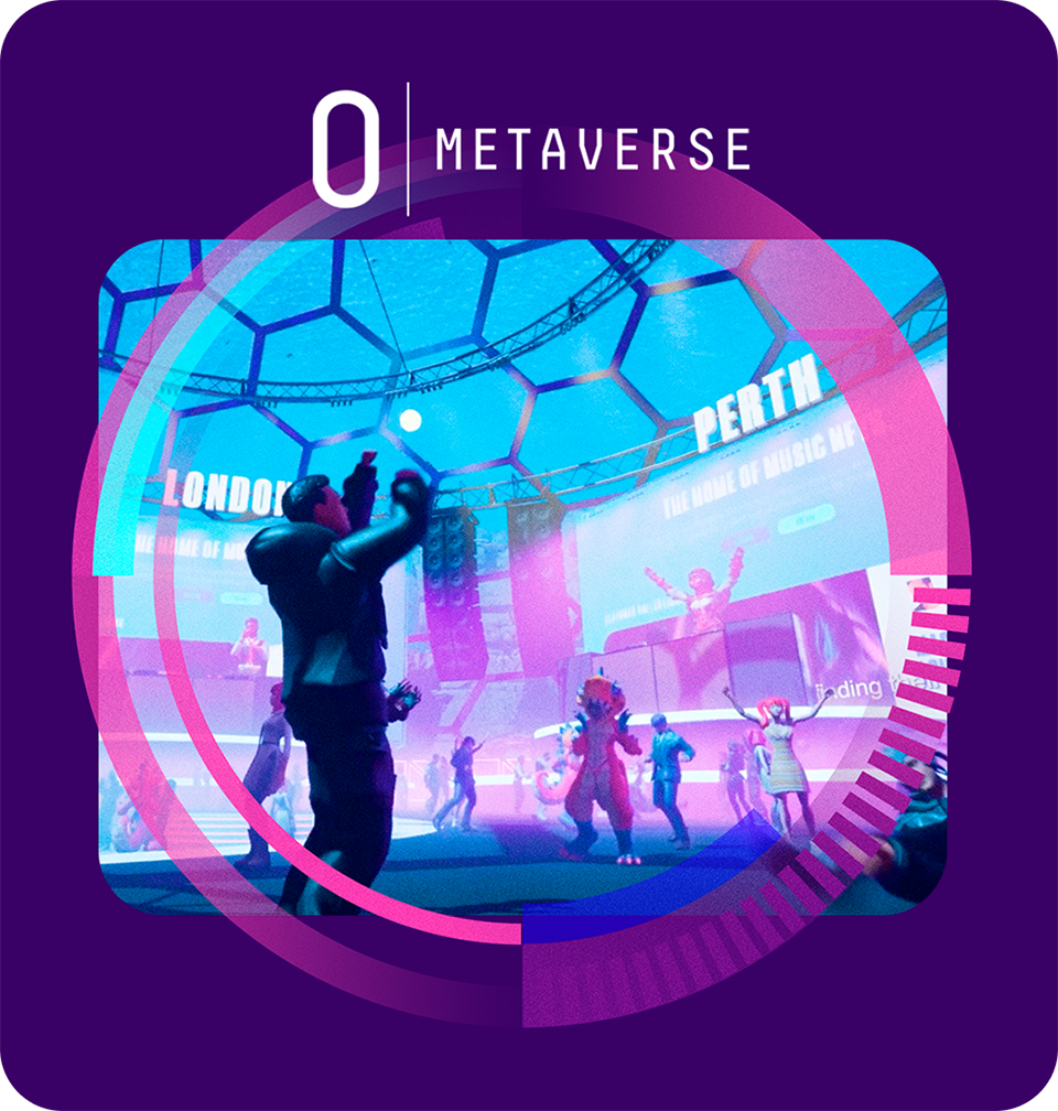 O Metaverse: a performer on a virtual stage with Perth and London signs