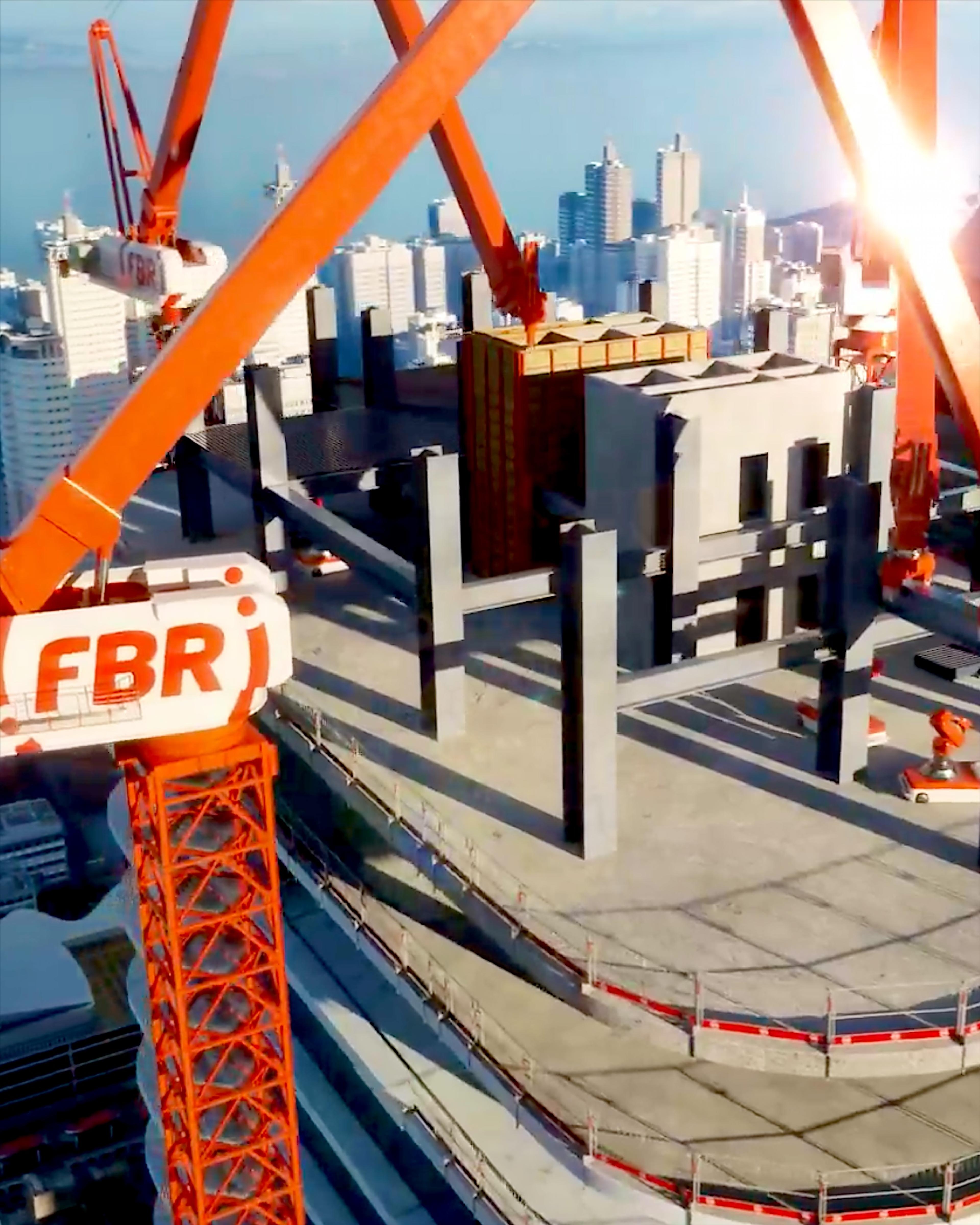 FBR crane above a tower under construction, robots at work on the deck
