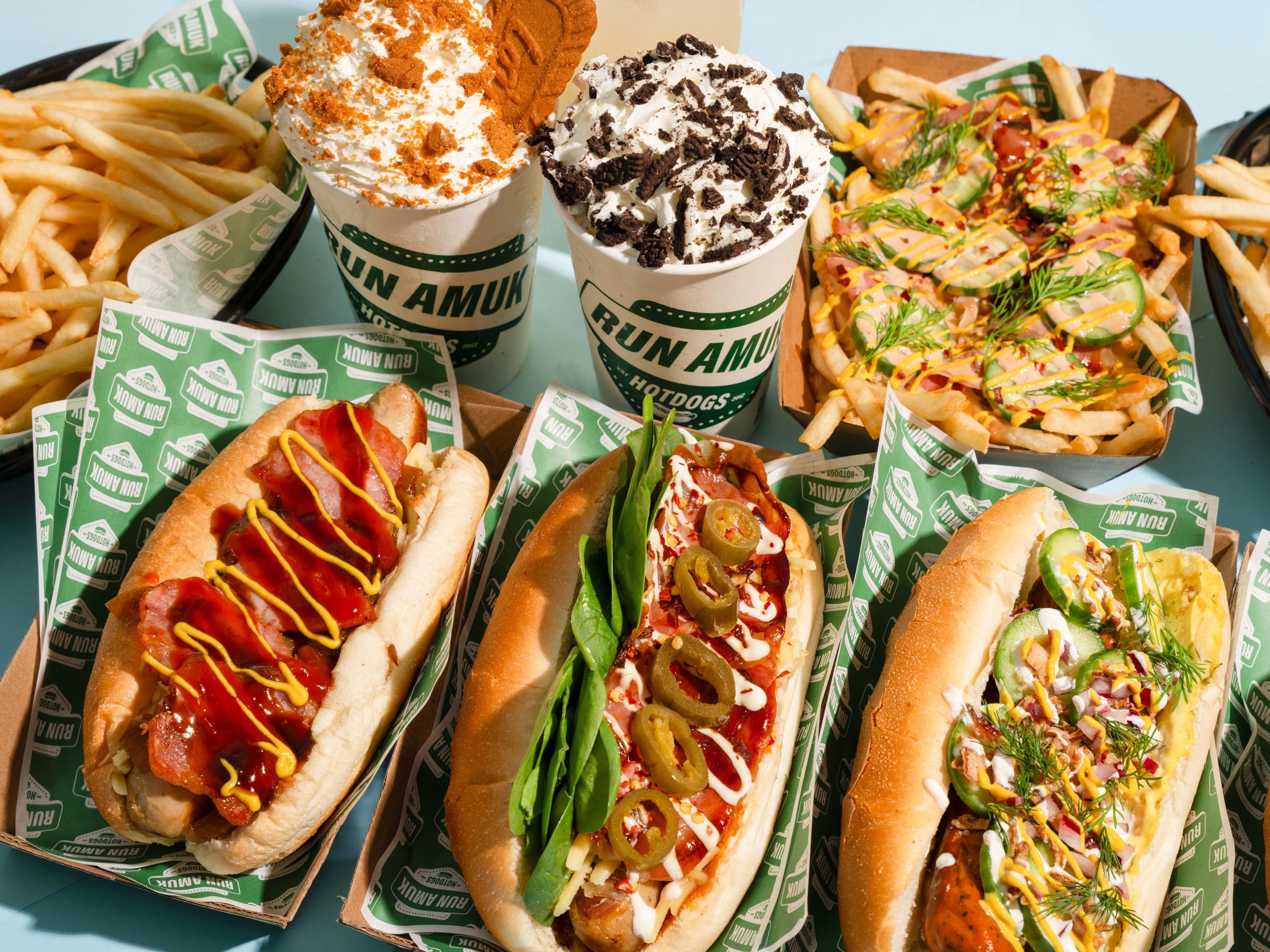 Run Amuk hotdogs, fries and shakes in branded cups and tray paper