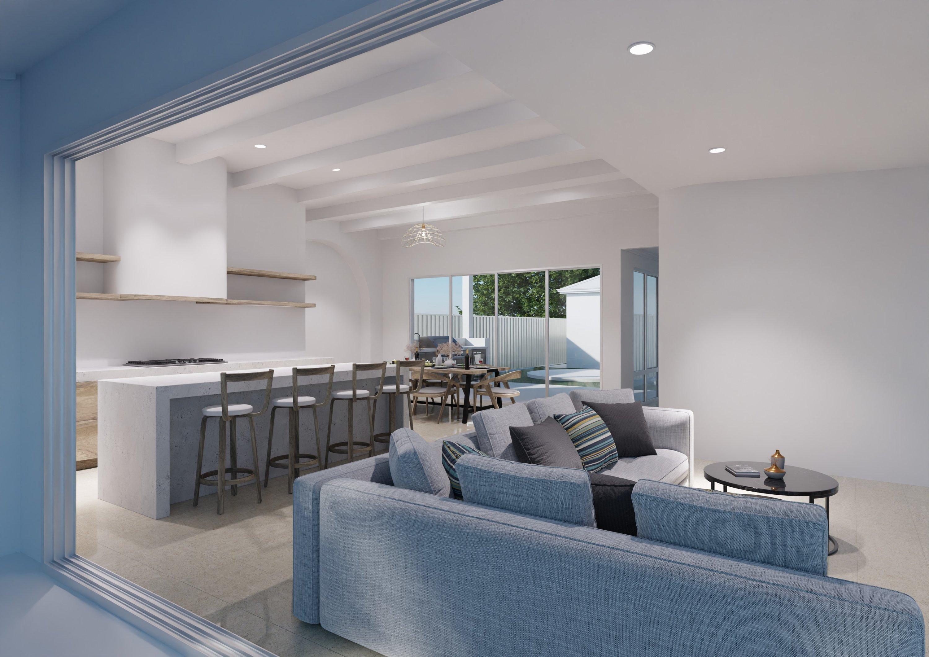 Living room and kitchen seen from the terrace