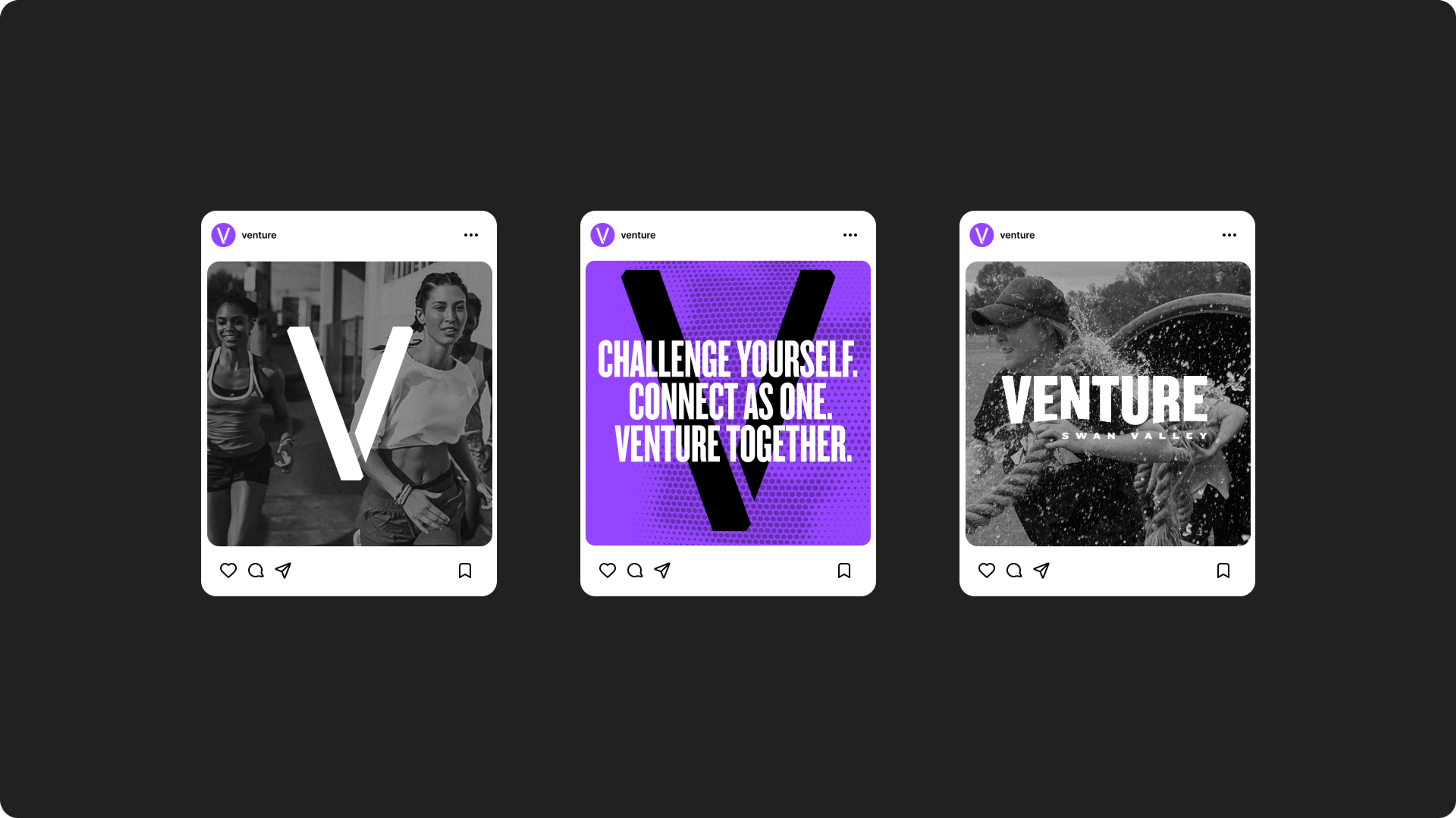 Three Venture Instagram posts: runners behind the V, the rallying line on purple halftone, and a rope challenge with the VENTURE logotype