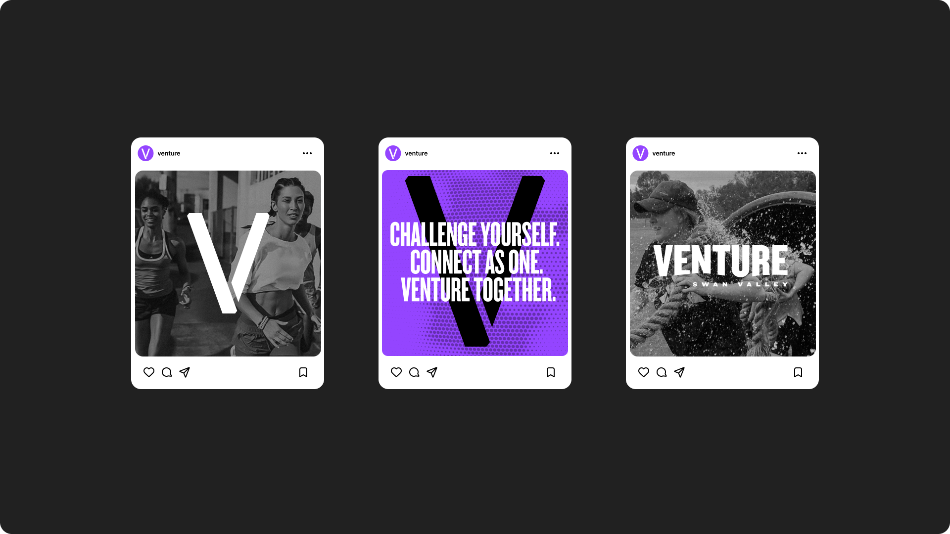 Three Venture Instagram posts: runners behind the V, the rallying line on purple halftone, and a rope challenge with the VENTURE logotype