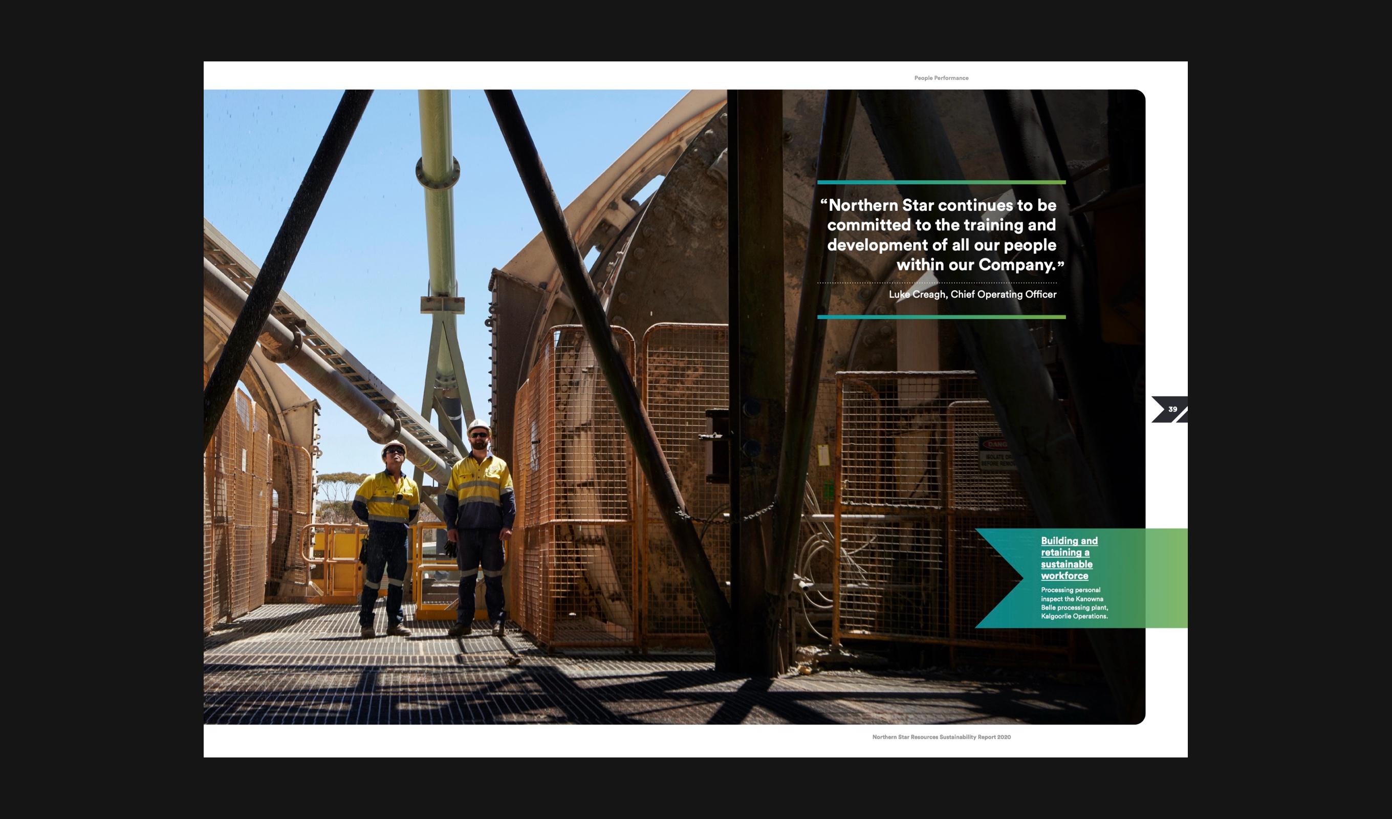 Two workers inspecting the Kanowna Belle processing plant, with a pull quote