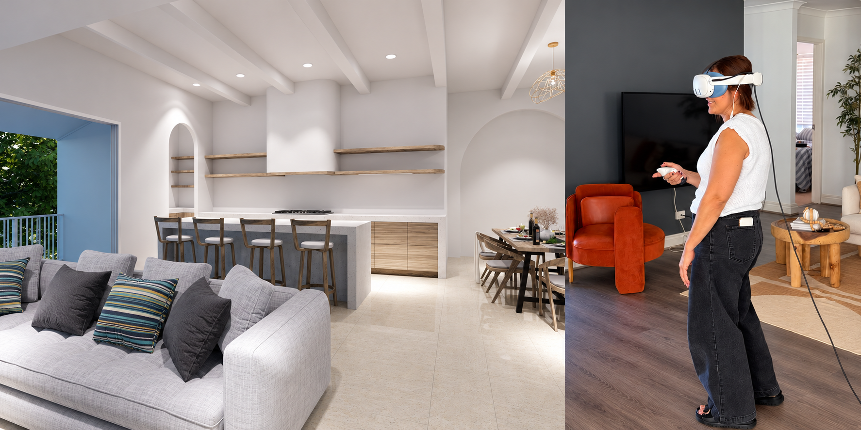 Render of an open-plan living room beside a client experiencing it in a VR headset