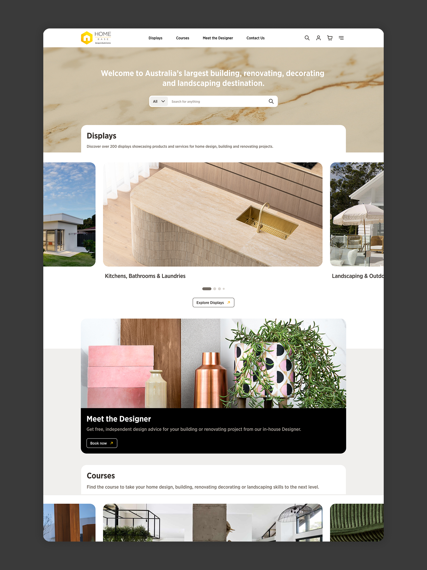 Home Base website homepage on desktop with displays, Meet the Designer and courses