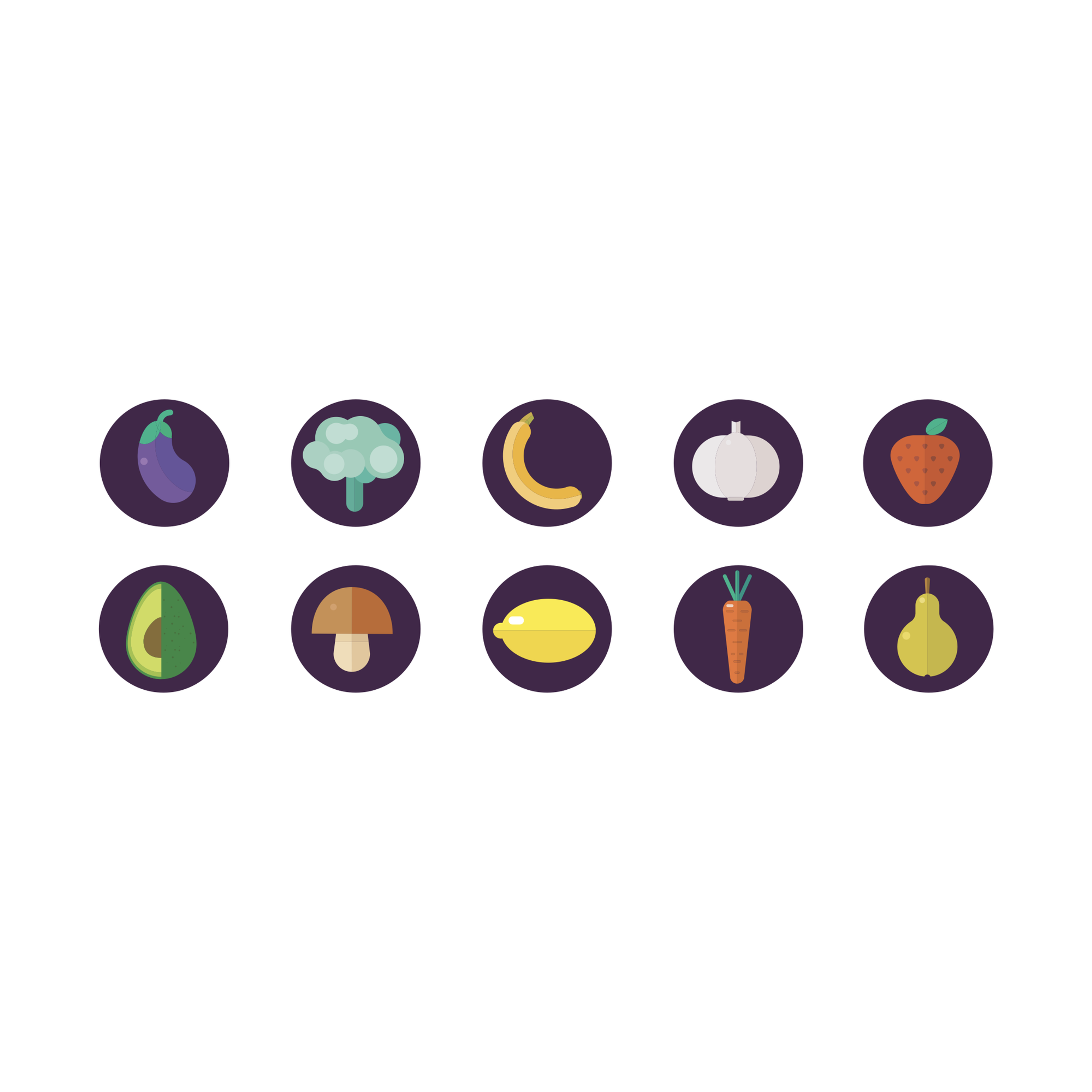 Ten round icons: eggplant, broccoli, banana, garlic, strawberry, avocado, mushroom, lemon, carrot and pear