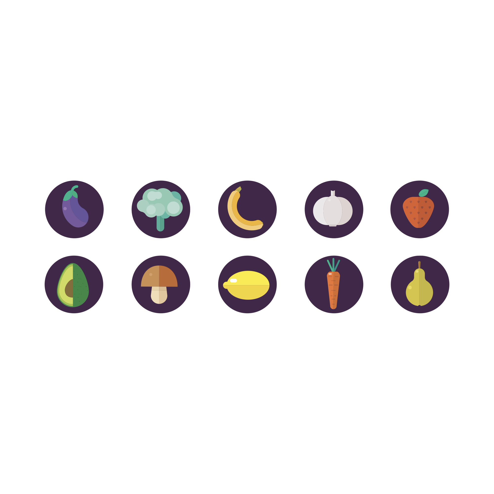 Ten round icons: eggplant, broccoli, banana, garlic, strawberry, avocado, mushroom, lemon, carrot and pear