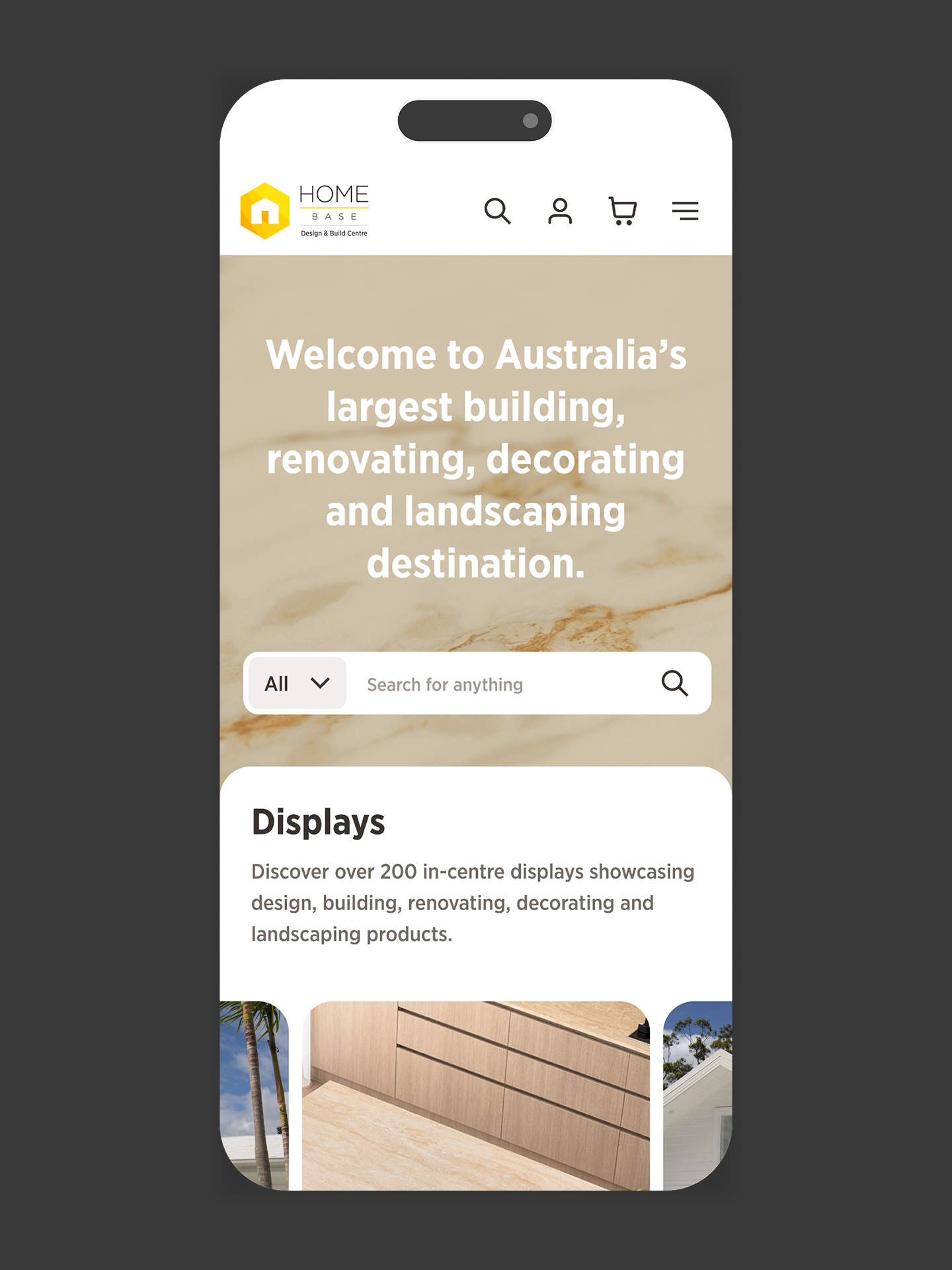 Home Base website on a phone: Welcome to Australia’s largest building, renovating, decorating and landscaping destination