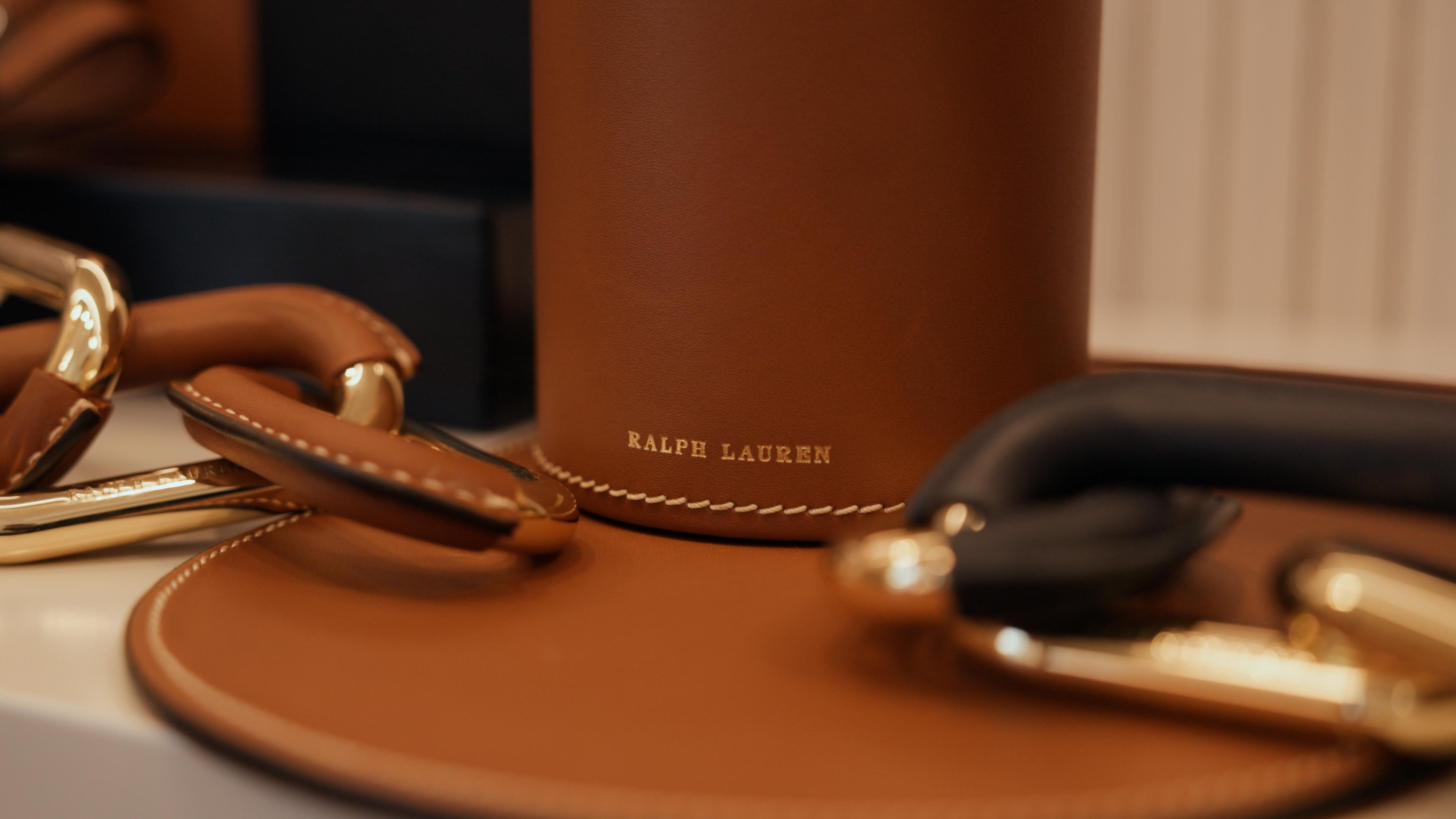 A Ralph Lauren leather desk set with gold hardware