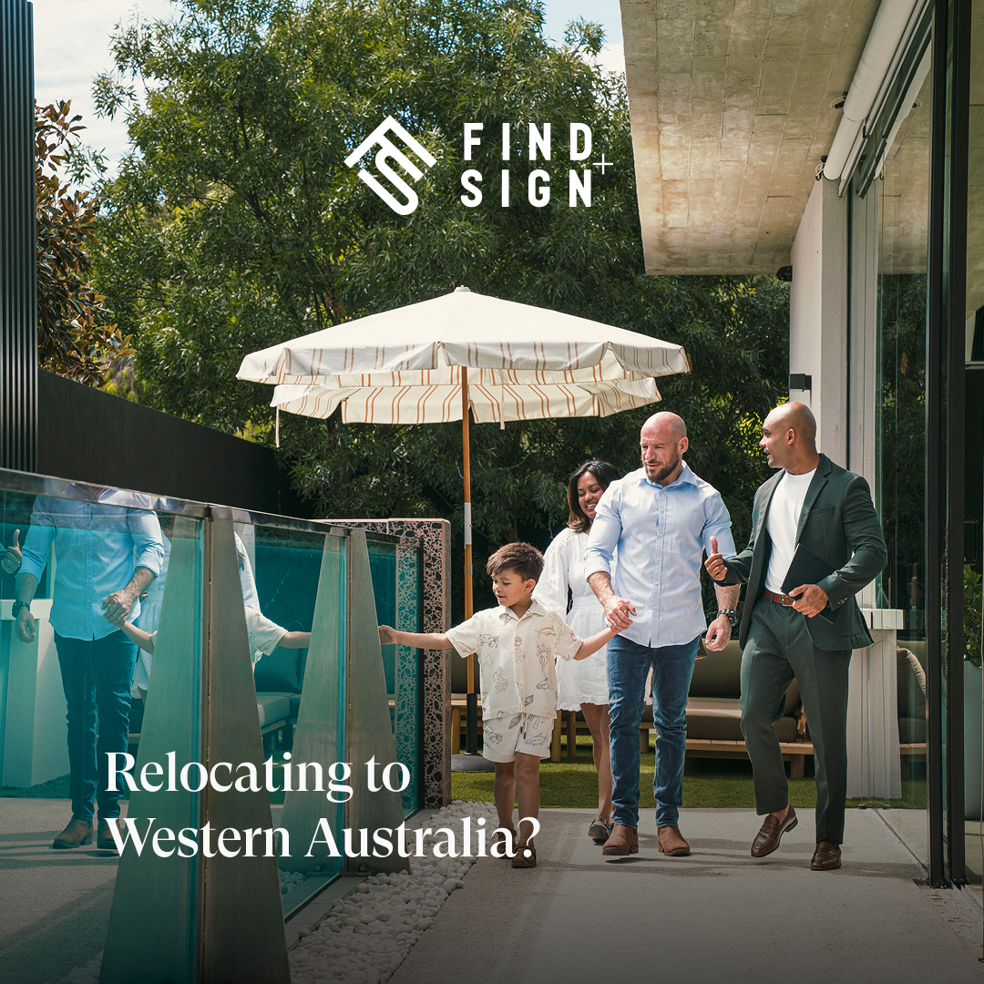 Ad reading “Relocating to Western Australia?”, with a family walking through a home with their advocate