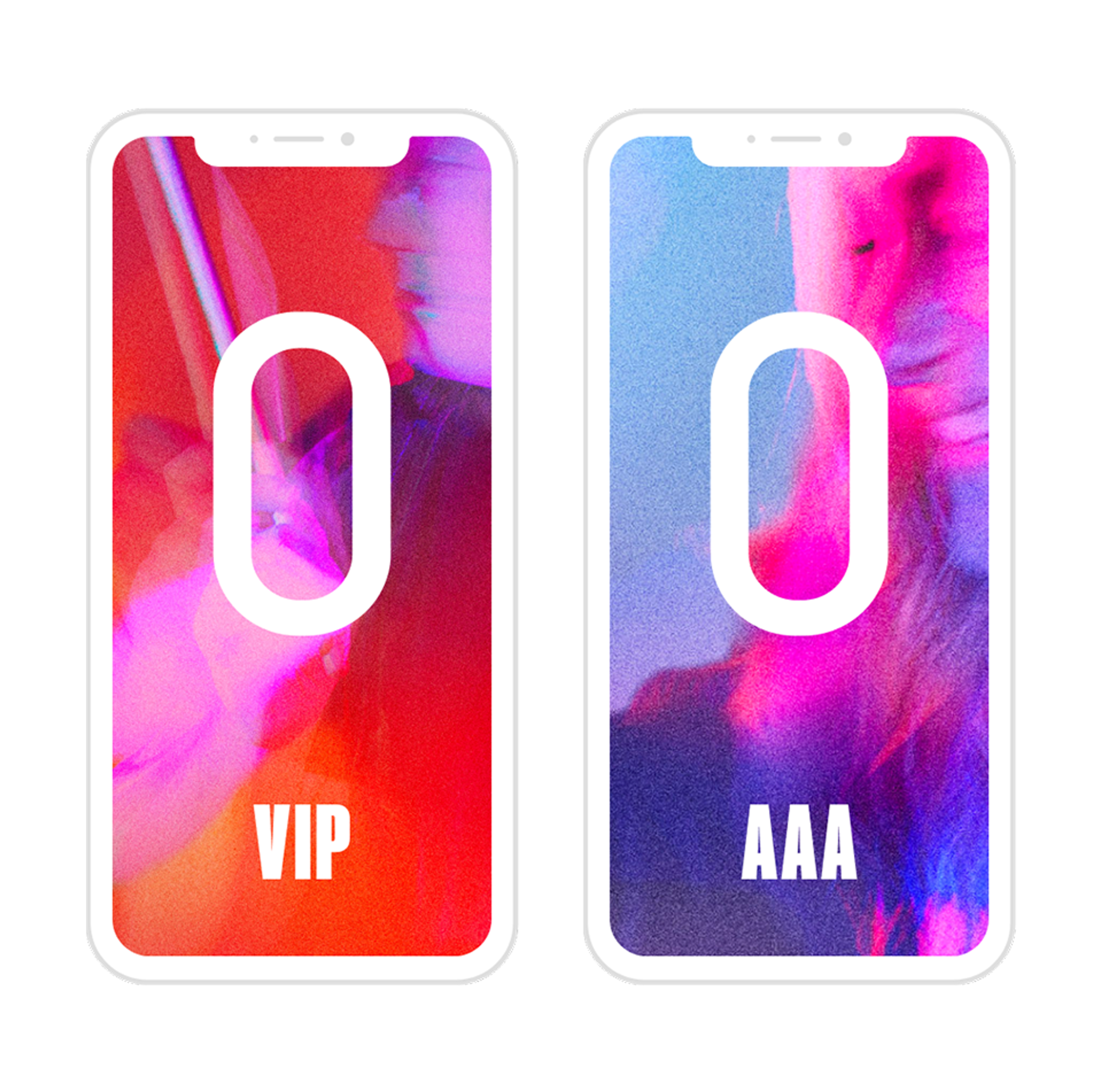 Event passes on phones: VIP and AAA, each with the O over a musician