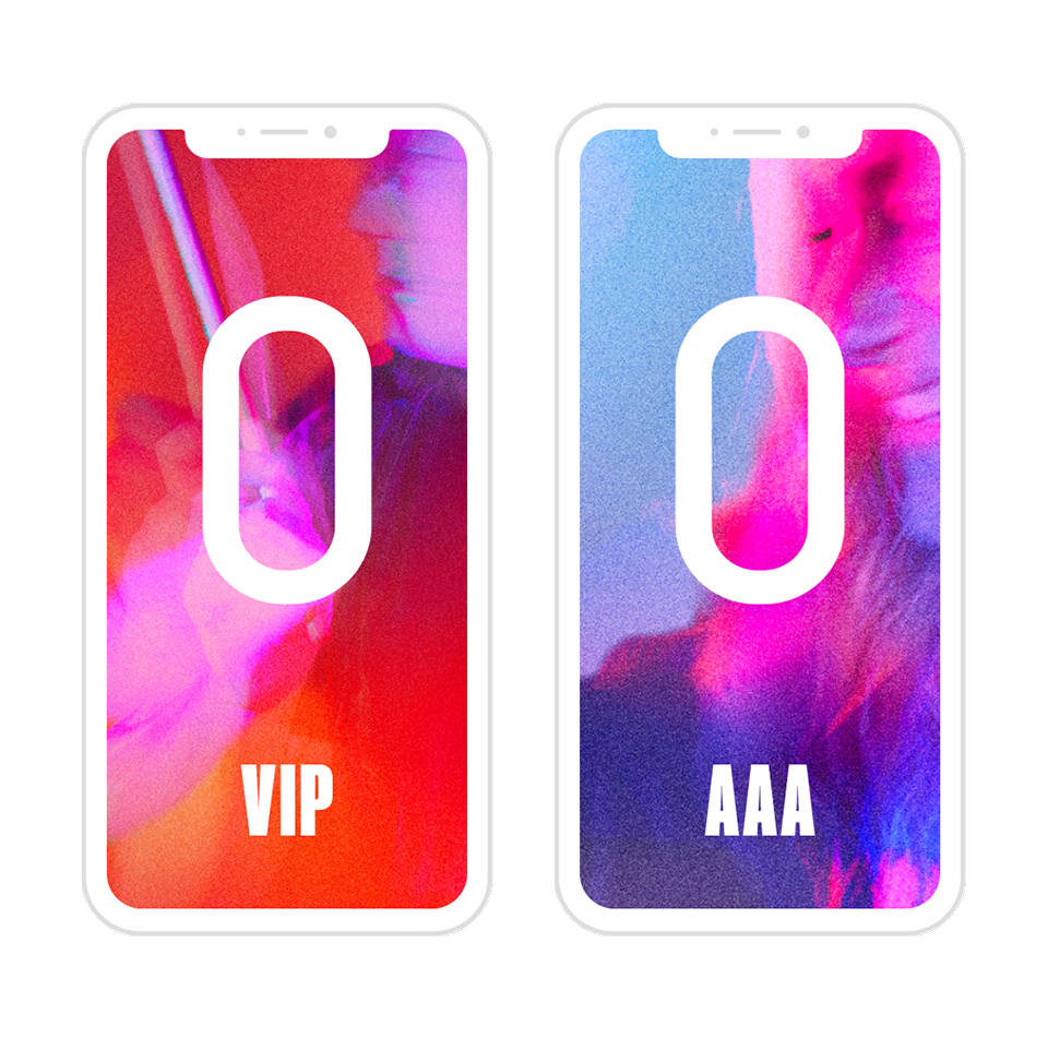Event passes on phones: VIP and AAA, each with the O over a musician