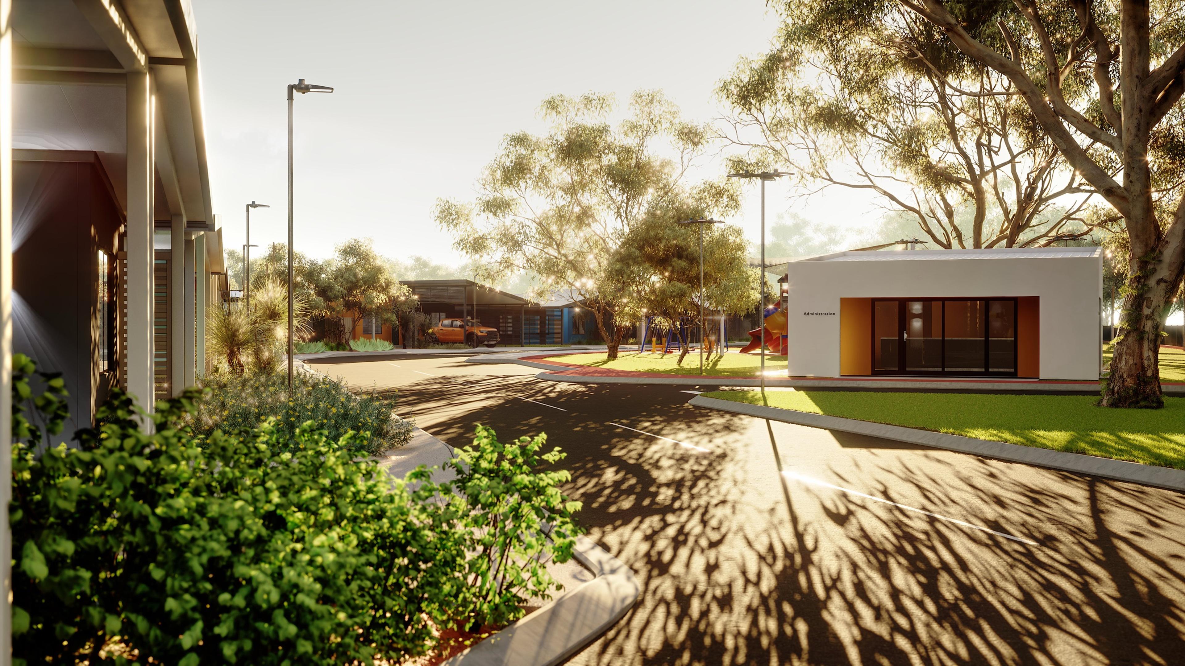 3D render of a building and landscaped grounds in afternoon light