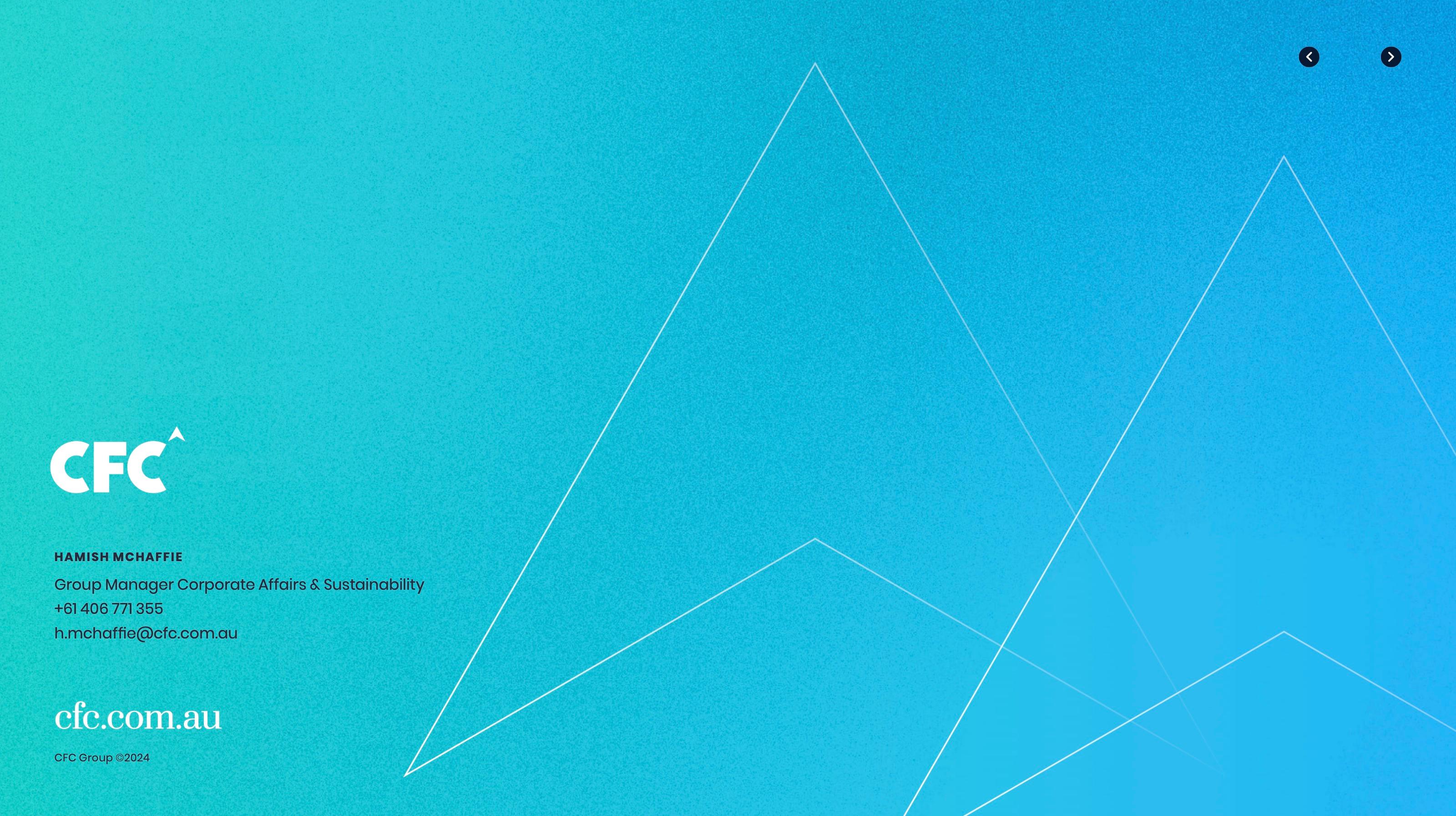 Back cover of the report: the CFC logo and cfc.com.au on a teal-blue gradient with fine triangle linework