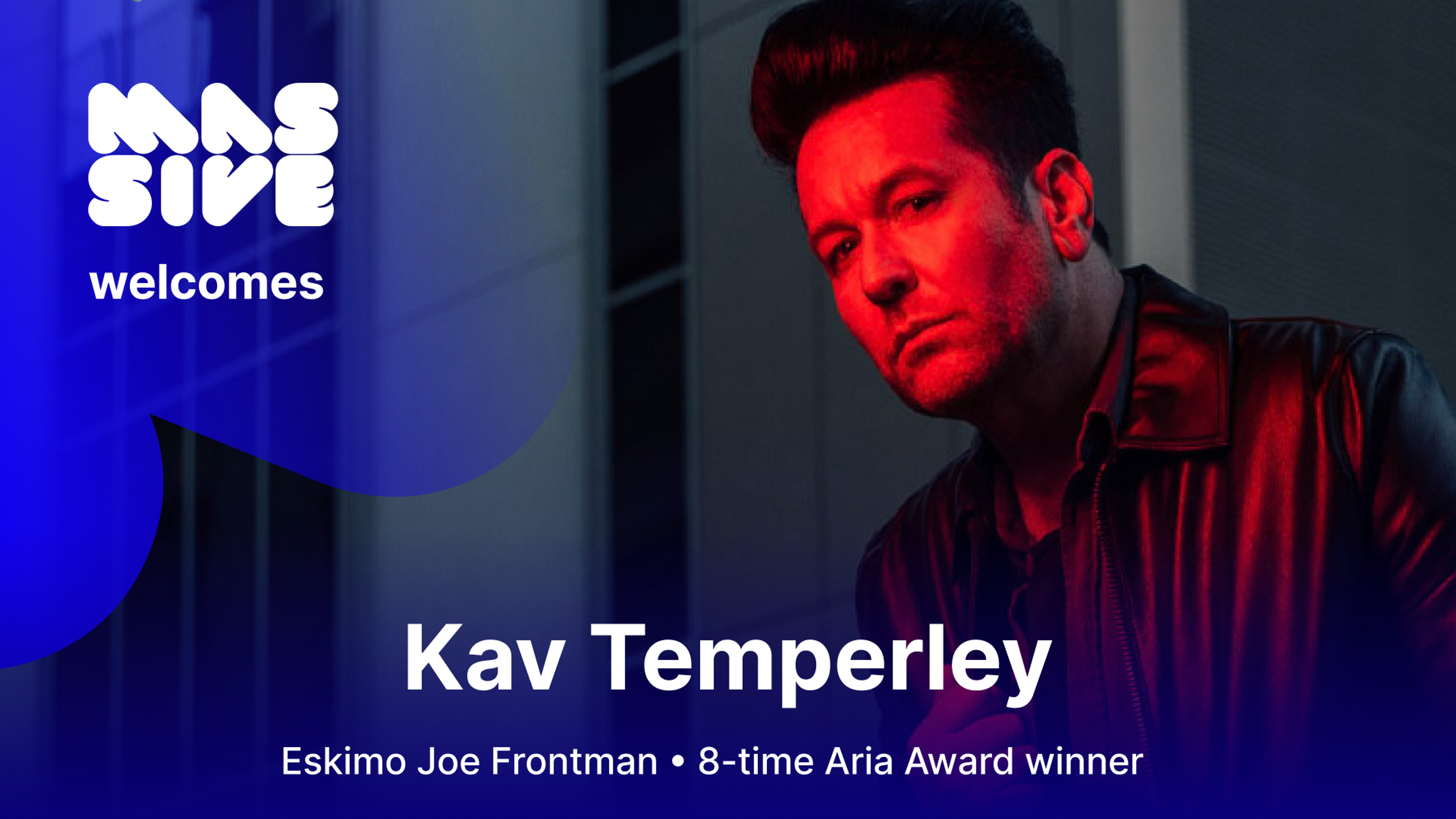 Massive welcomes Kav Temperley: a pitch deck card with the artist’s photo