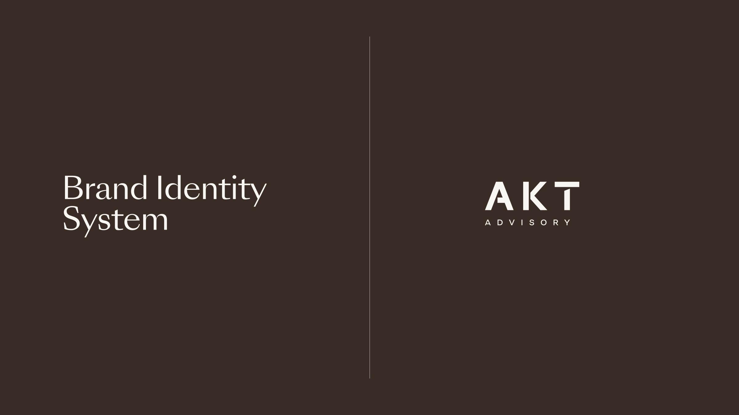 Brand Identity System cover with the AKT Advisory wordmark on Umber