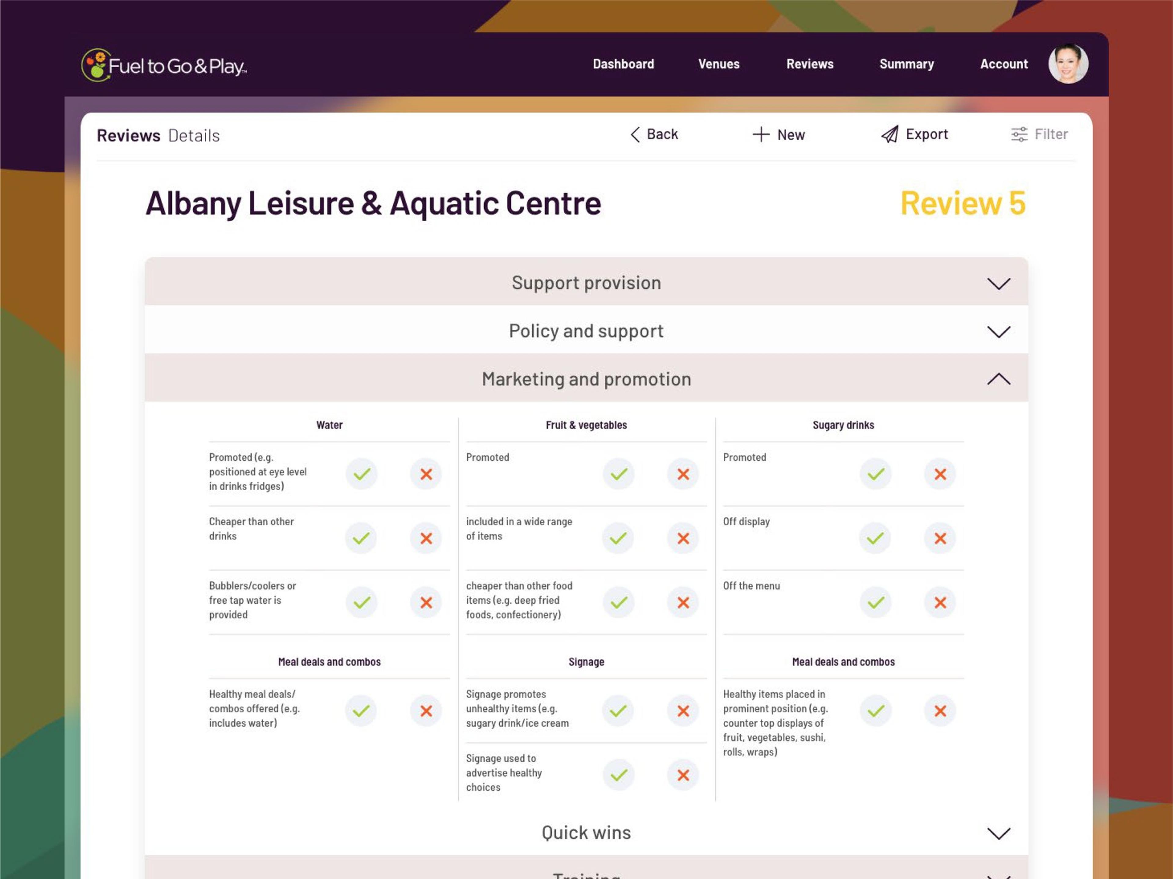 Portal screen: review details, marketing and promotion tab