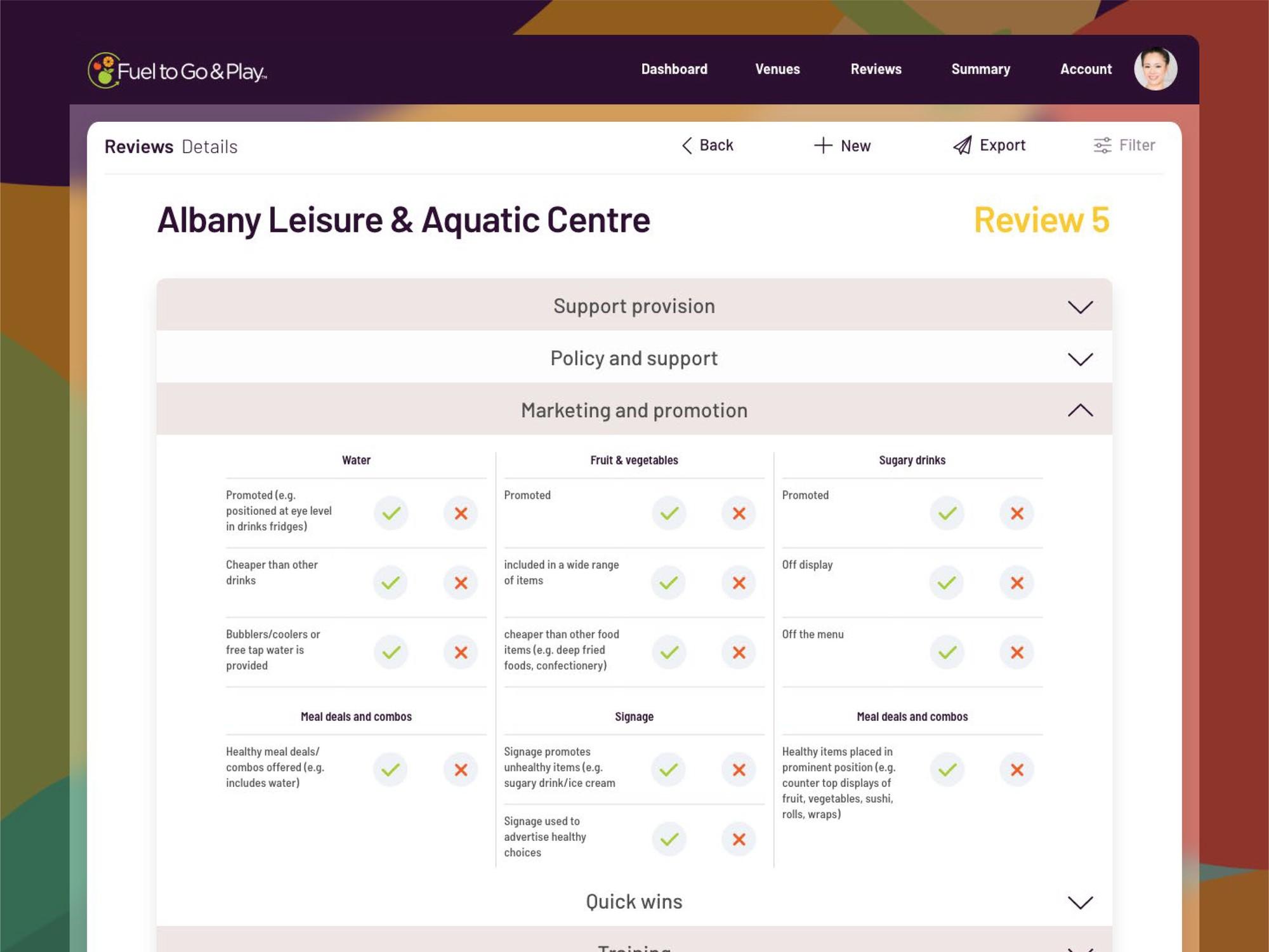 Portal screen: review details, marketing and promotion tab