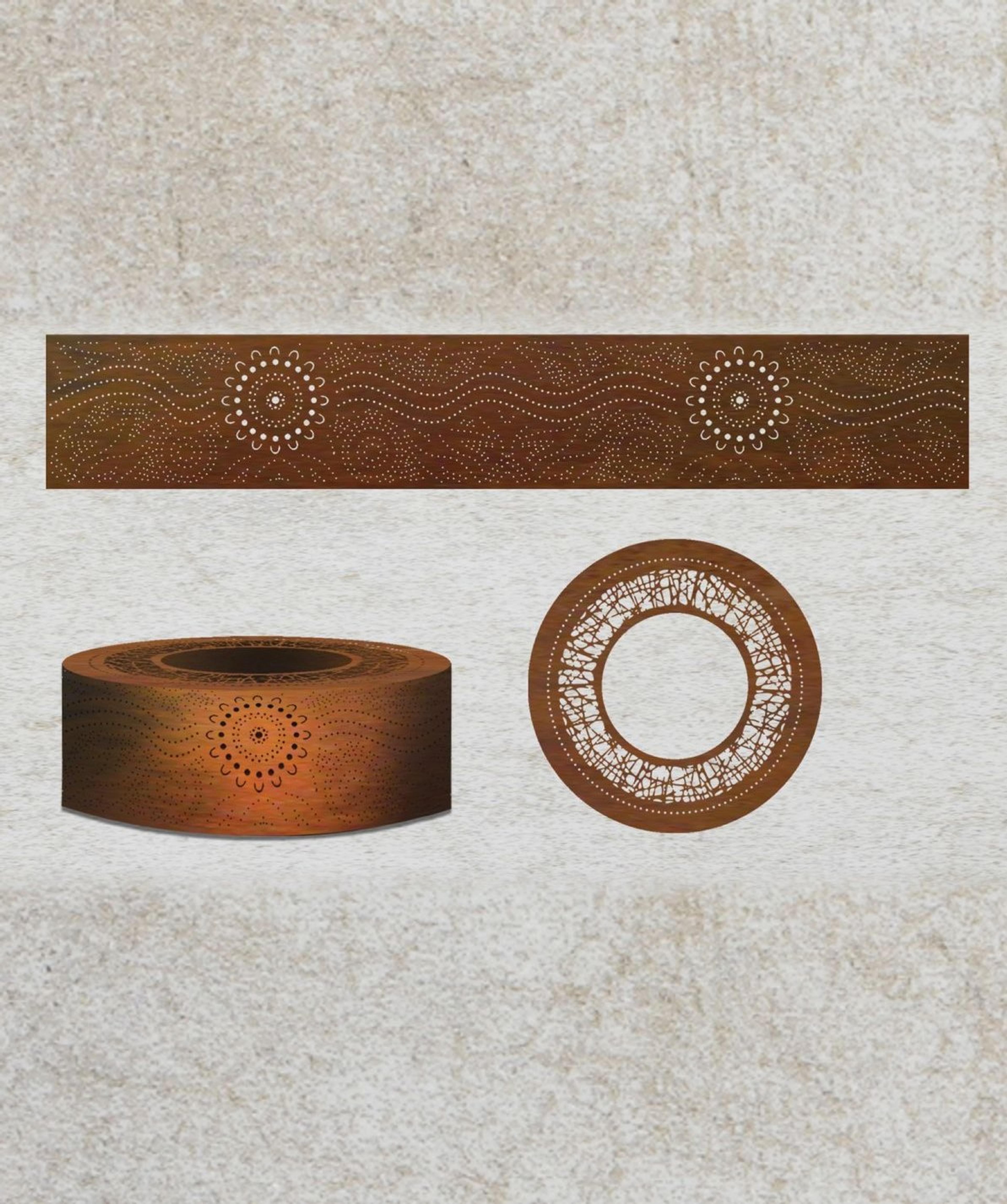 Concept design for the fire pit, shown flat and rolled