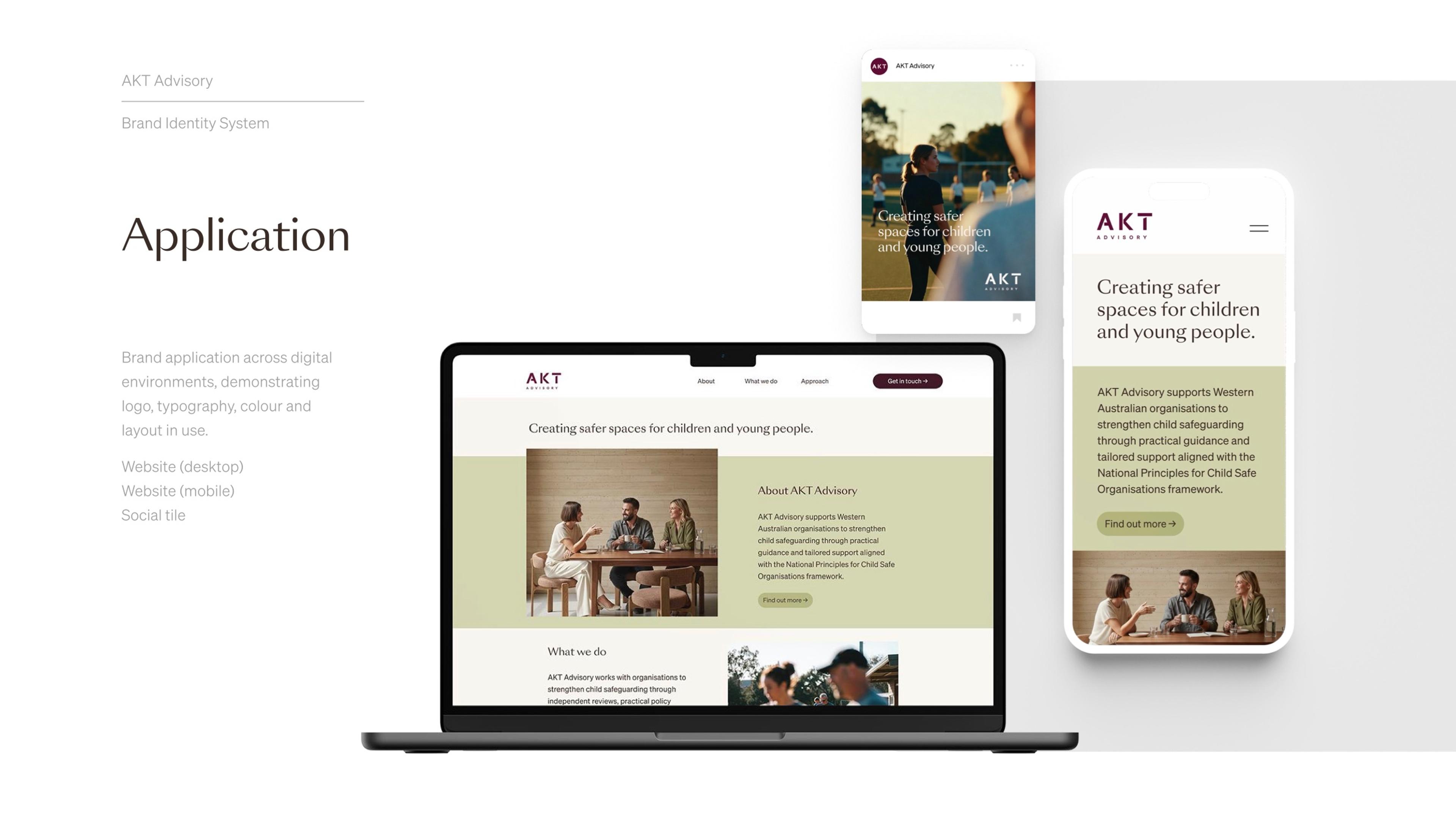 Application page: the brand on the website, on desktop and mobile, and a social tile