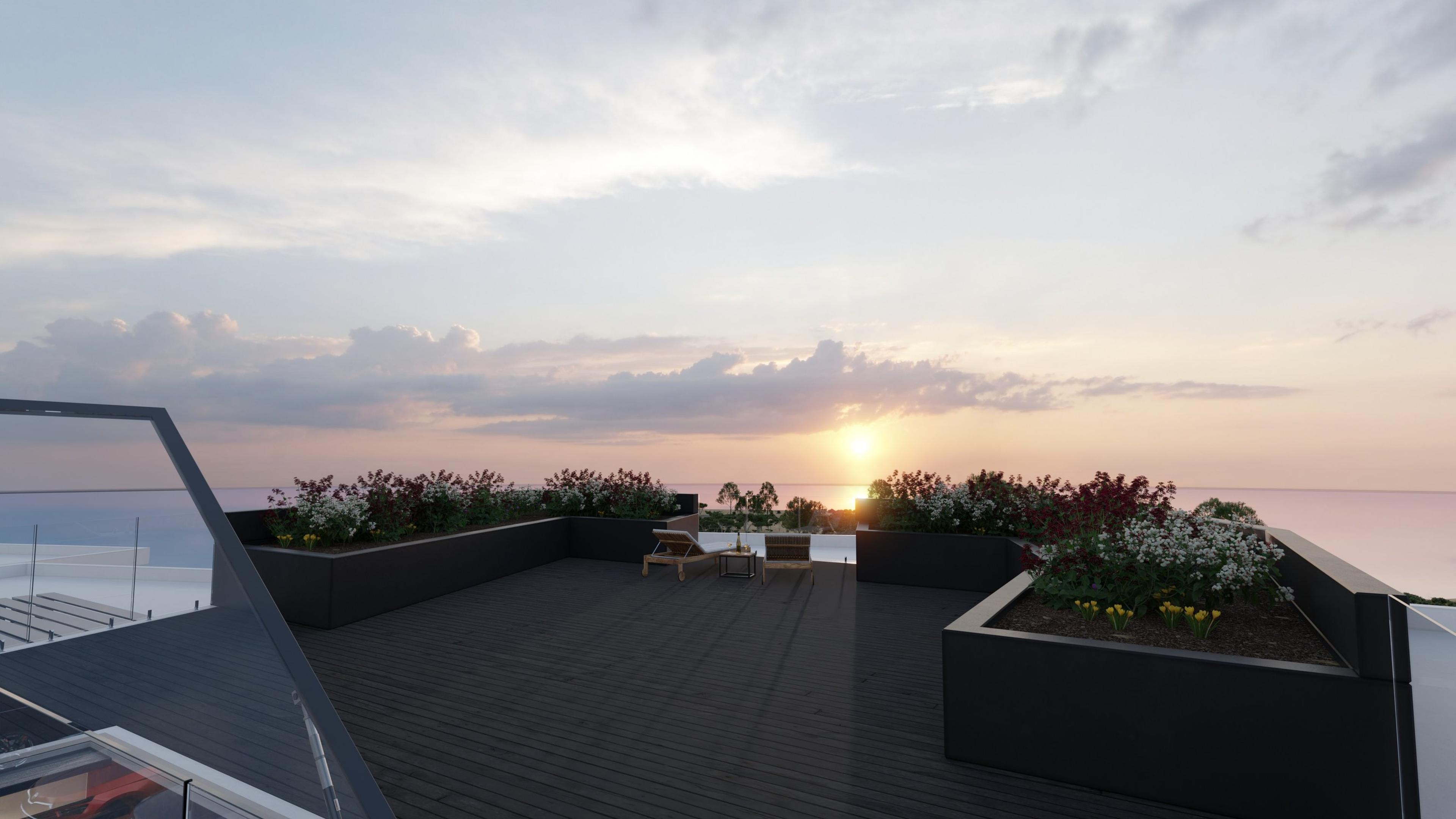 Roof deck planters at sunset