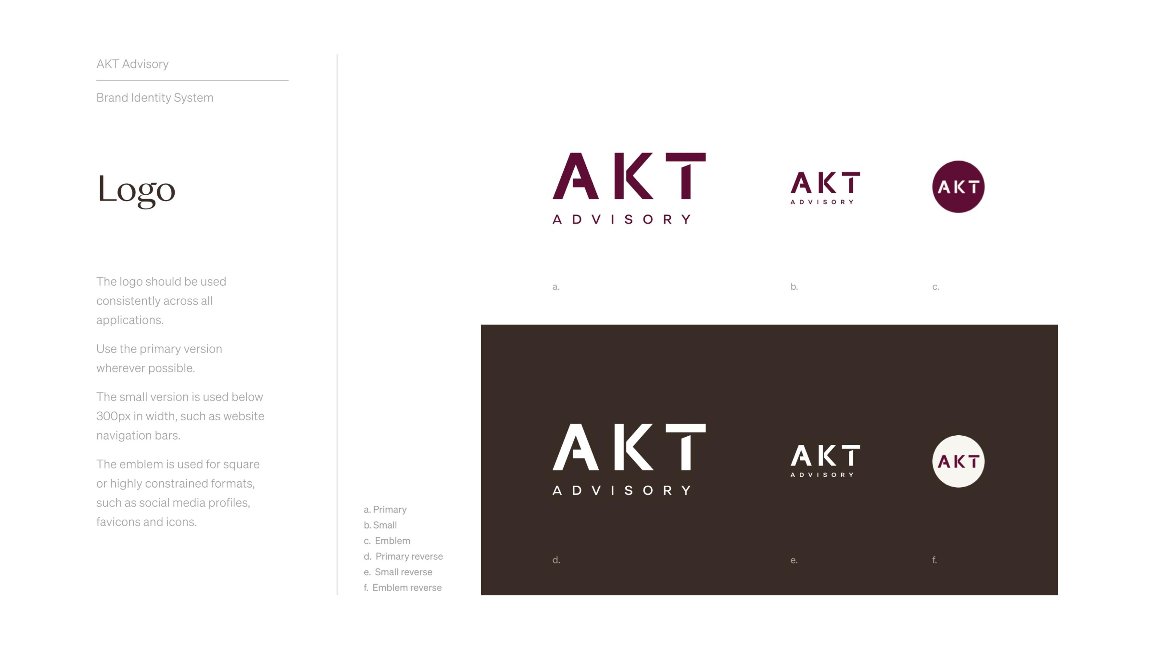 Logo page: primary, small and emblem versions on light and Umber