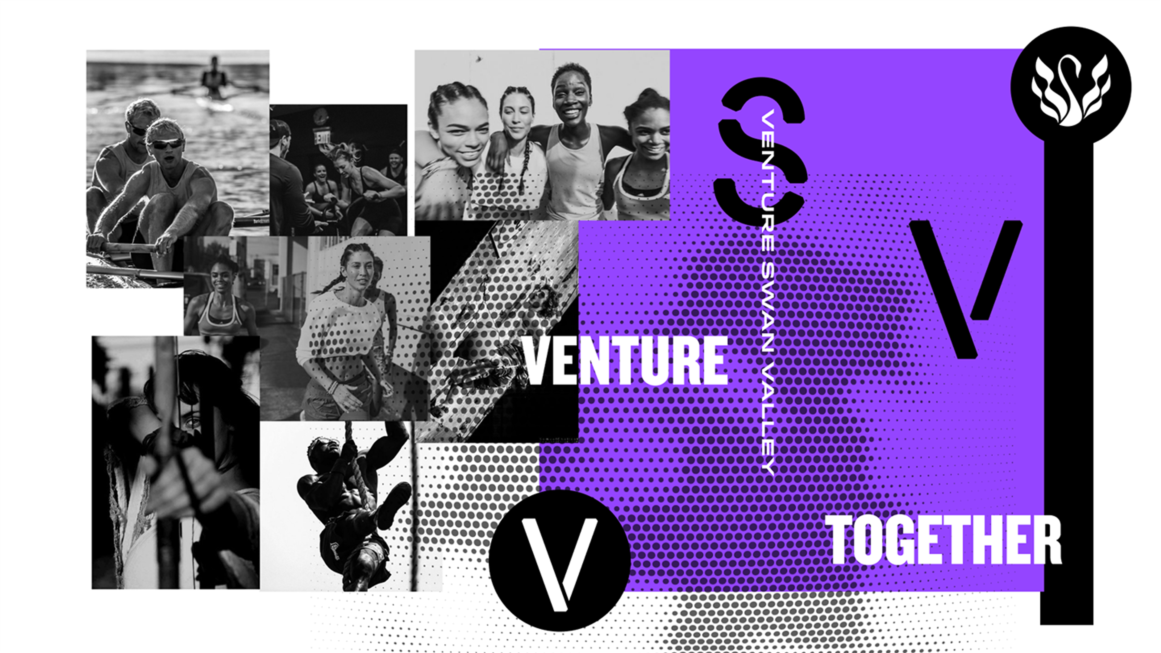 Venture mood board: black-and-white action photos of rowers, climbers and runners beside purple halftone panels, the V mark and the word TOGETHER
