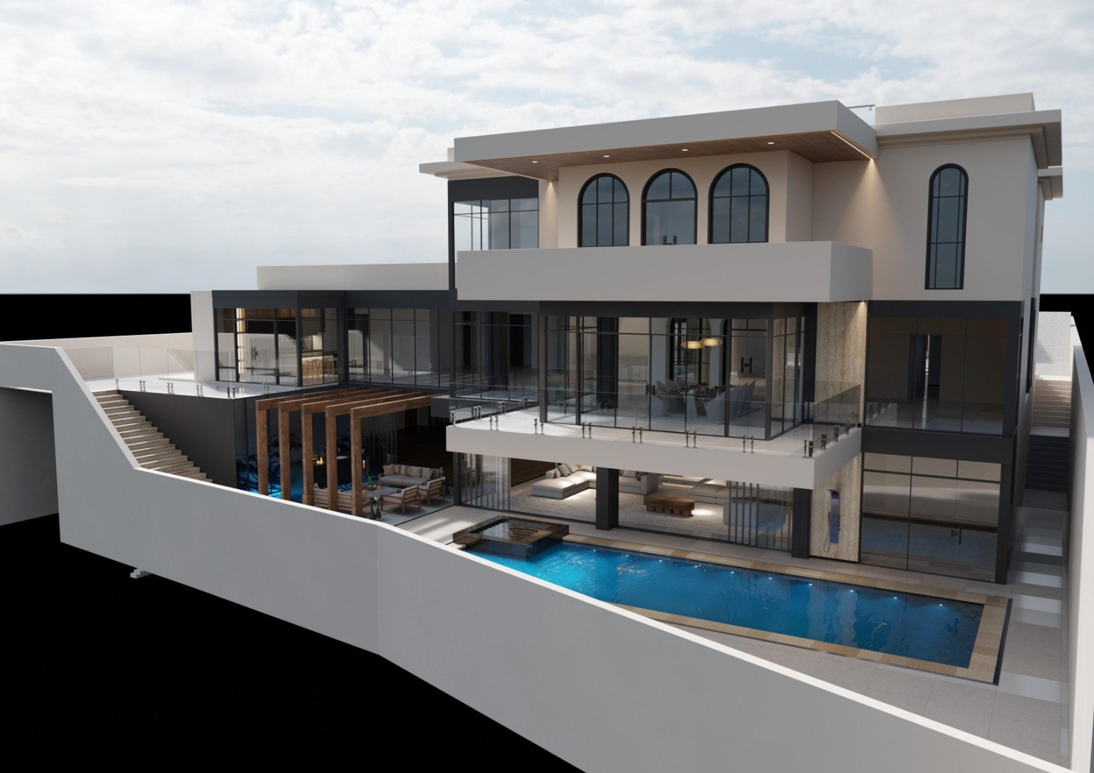 Dalkeith Home from the rear, with the pool and terraces