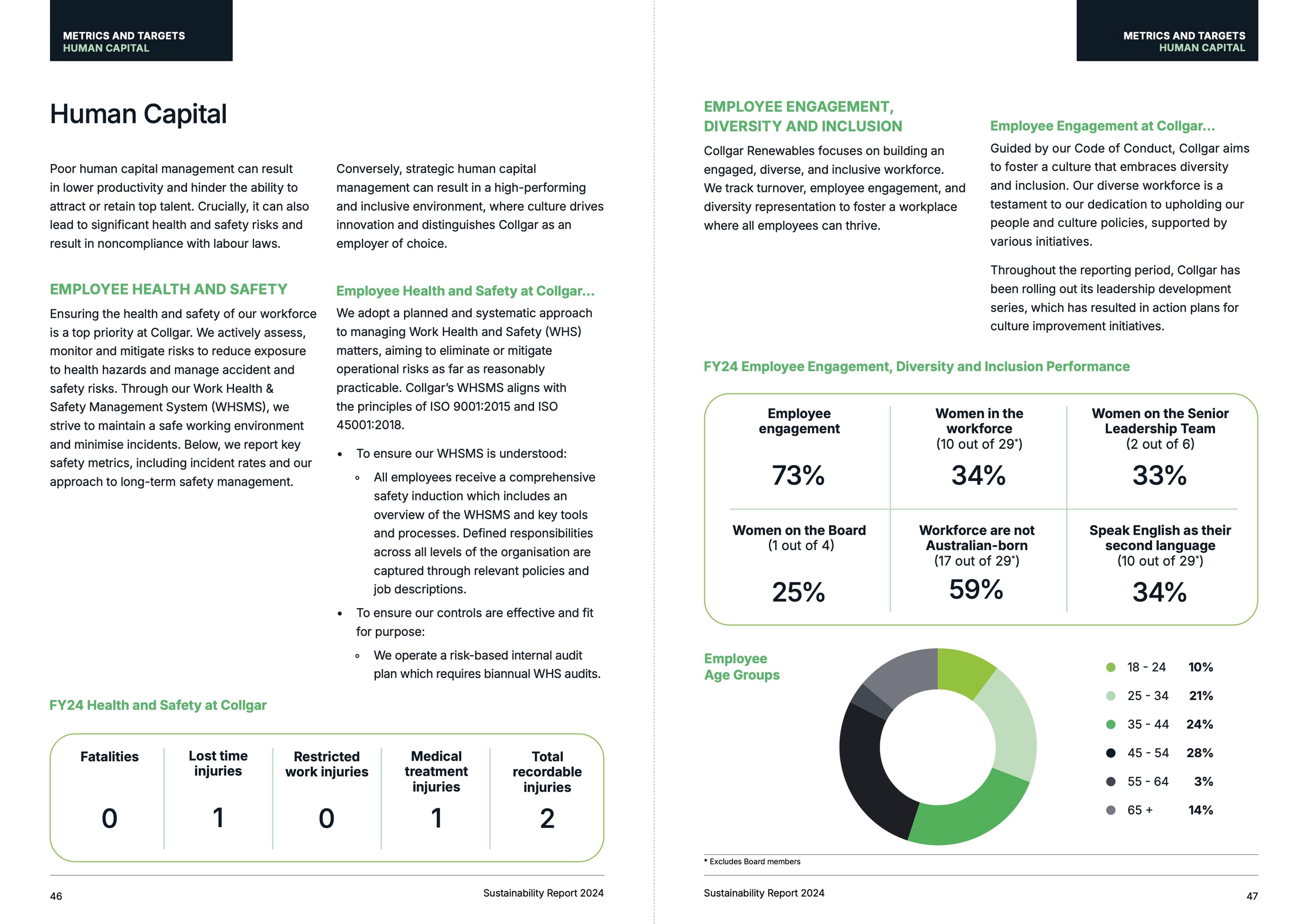 Human Capital spread with health and safety figures, diversity panels and an age group chart