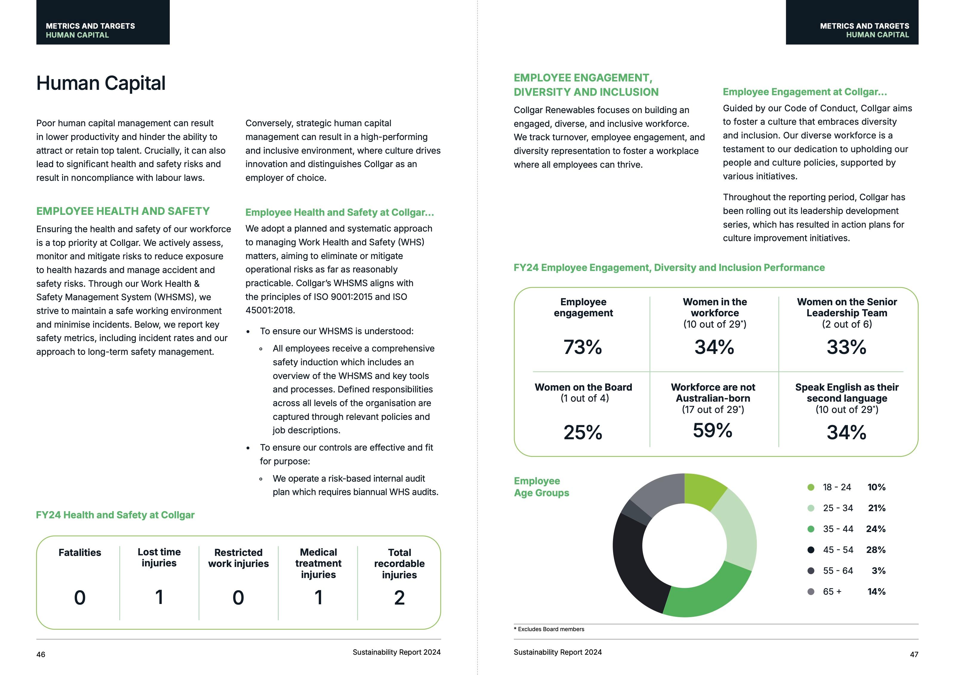 Human Capital spread with health and safety figures, diversity panels and an age group chart