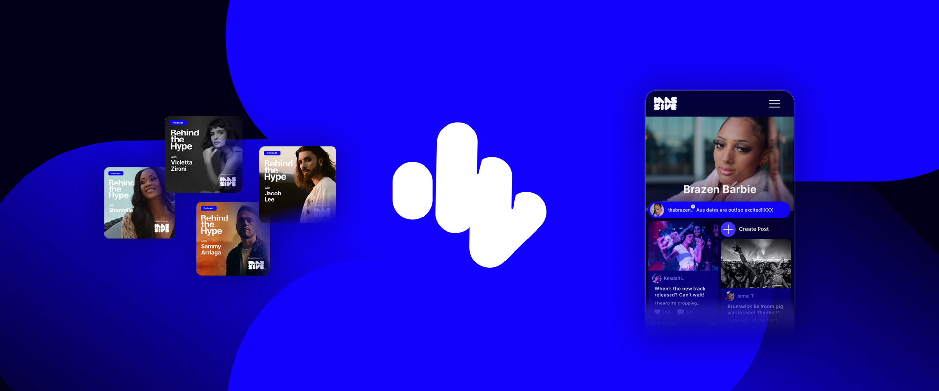 The white Massive symbol on electric blue, between Behind the Hype podcast covers and an artist page in the app
