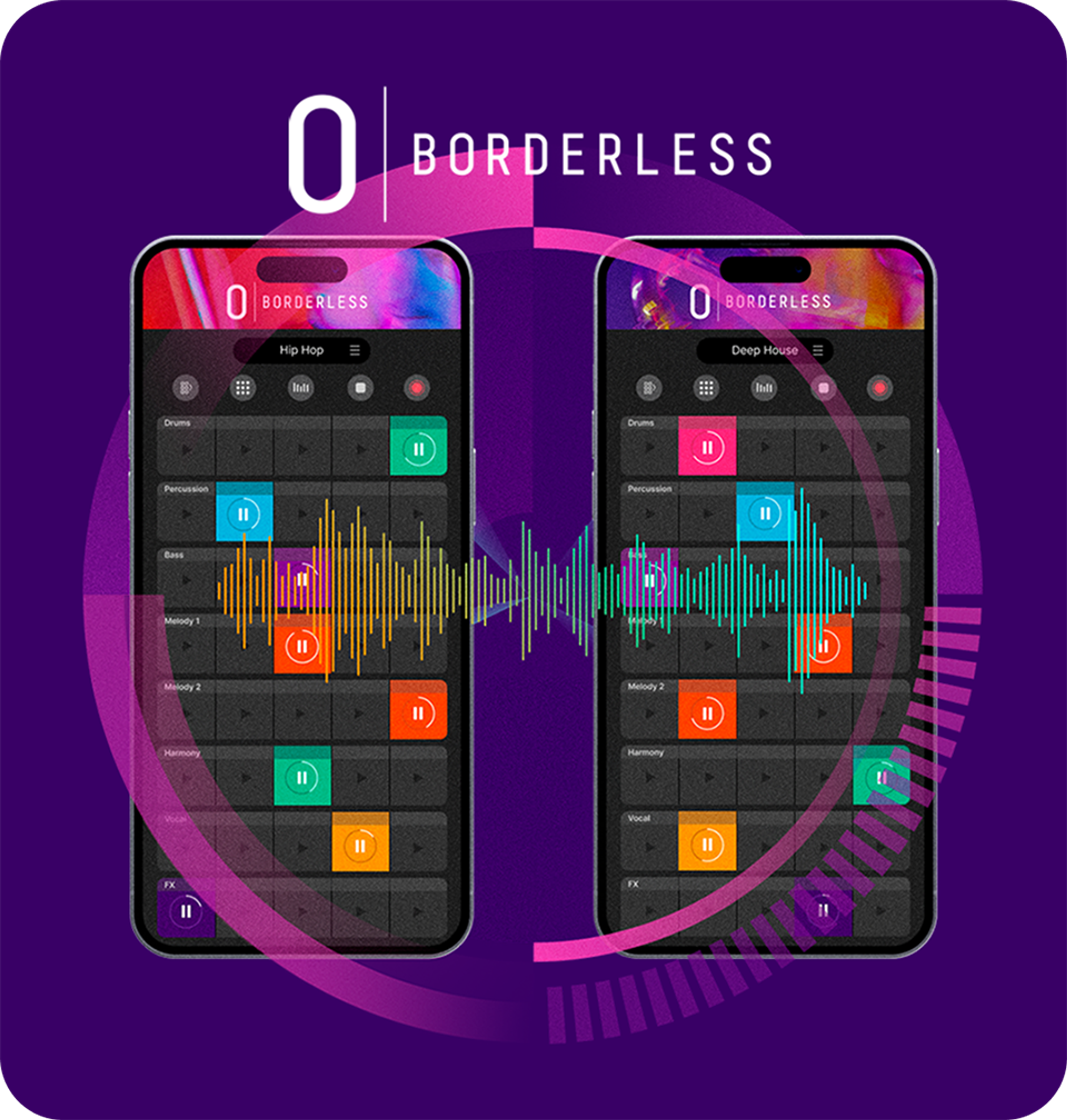 The O Borderless app on two phones, linked by a sound wave