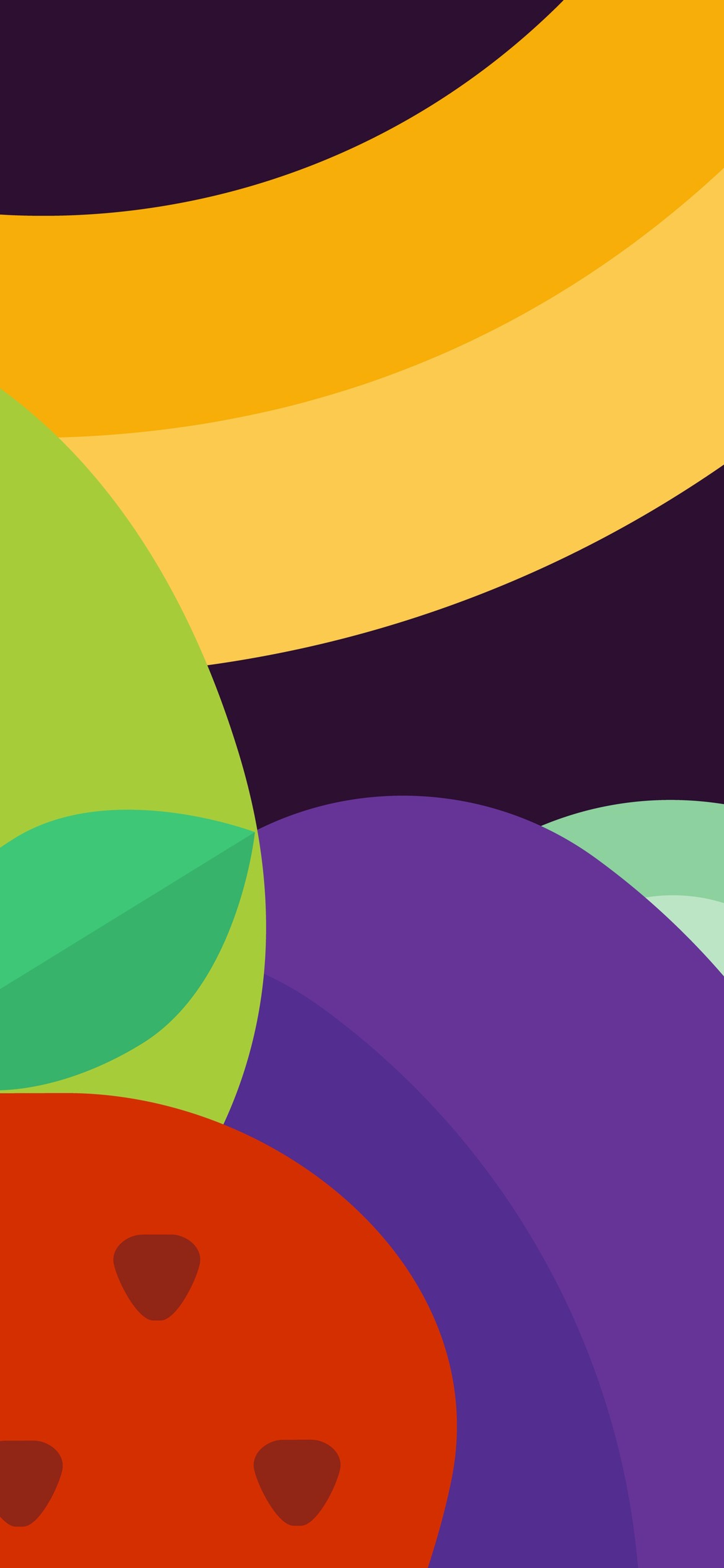 Bold, overlapping illustrated fruit and vegetables in orange, purple, red and green on deep plum