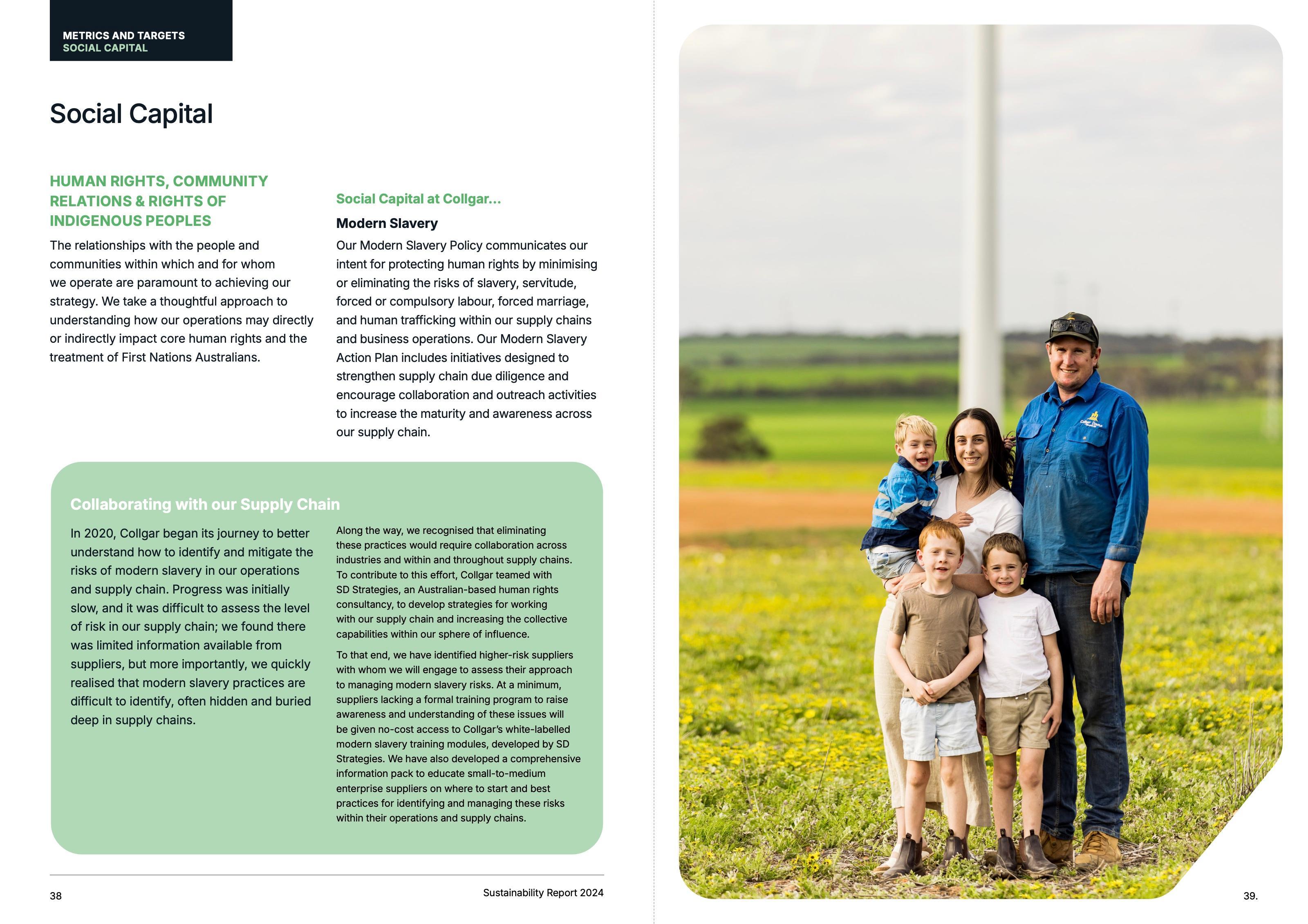 Social Capital spread with a portrait of a local farming family beneath a turbine