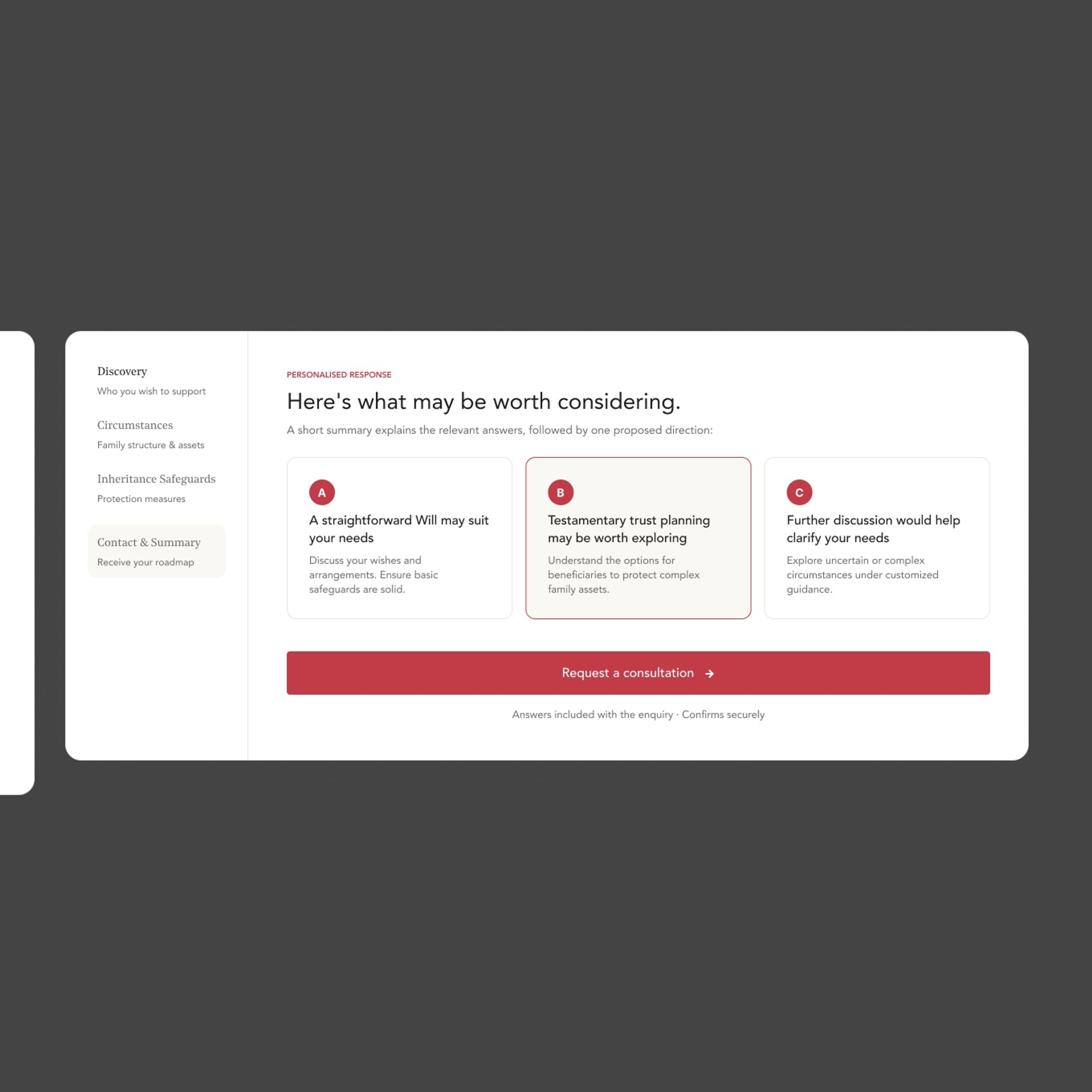 Estate Health Check personalised result with suggested next steps