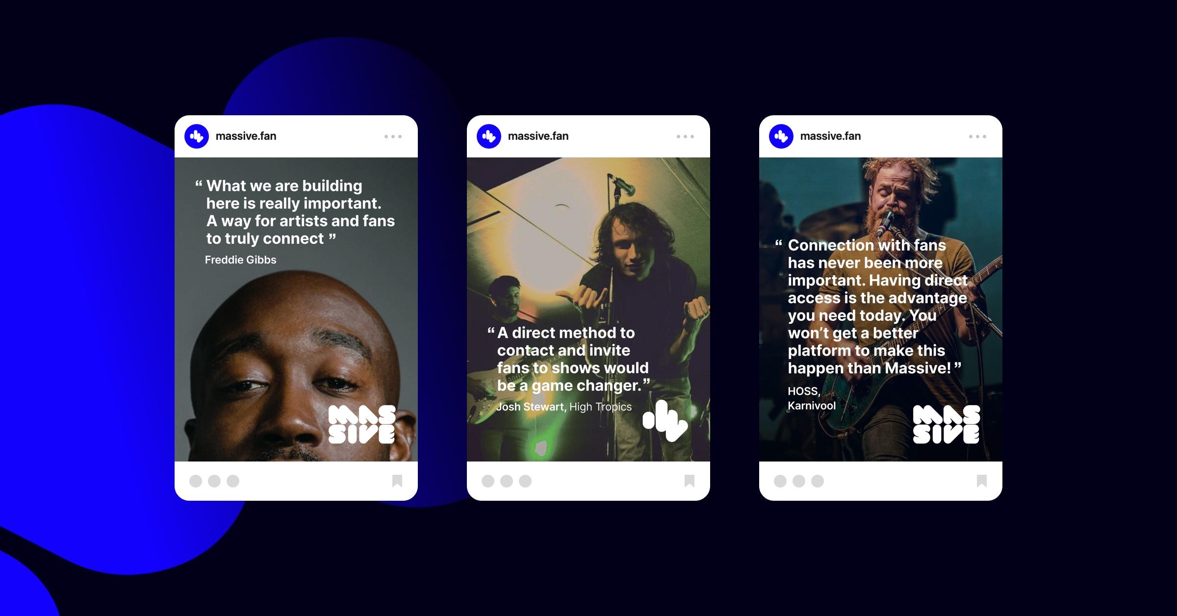 Three massive.fan Instagram quote posts from Freddie Gibbs, Josh Stewart of High Tropics and HOSS of Karnivool, on a navy and blue background